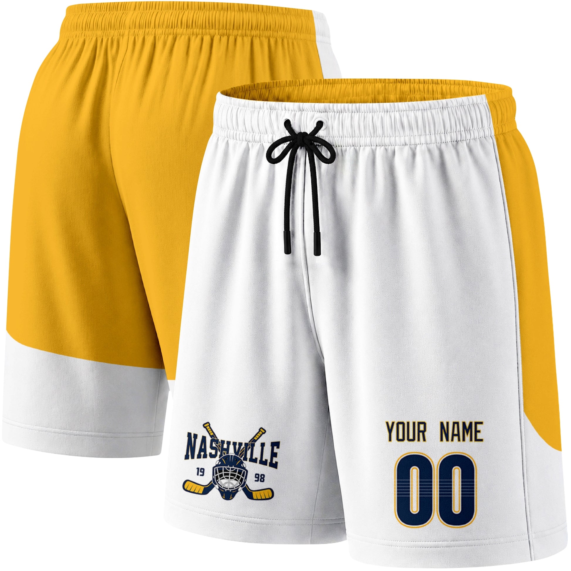 White color variation hockey athletic shorts shown from front and back angle with elastic waistband and drawstring detail