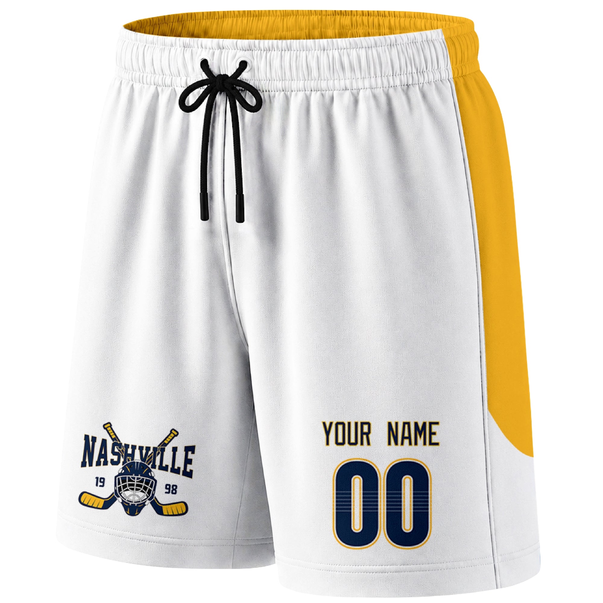 White Nashville-inspired hockey shorts front view with custom name and number print and hockey logo graphic
