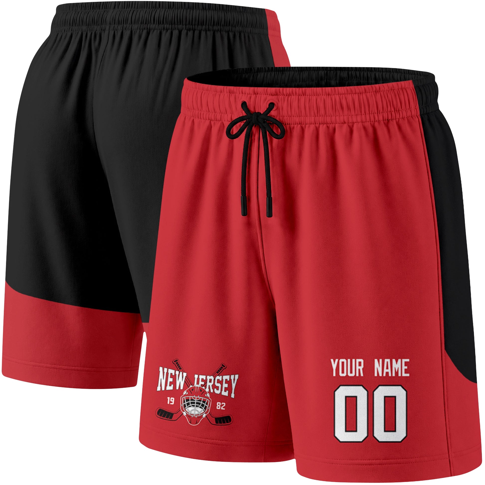 Red color variation hockey athletic shorts shown from front and back angle with elastic waistband and drawstring detail