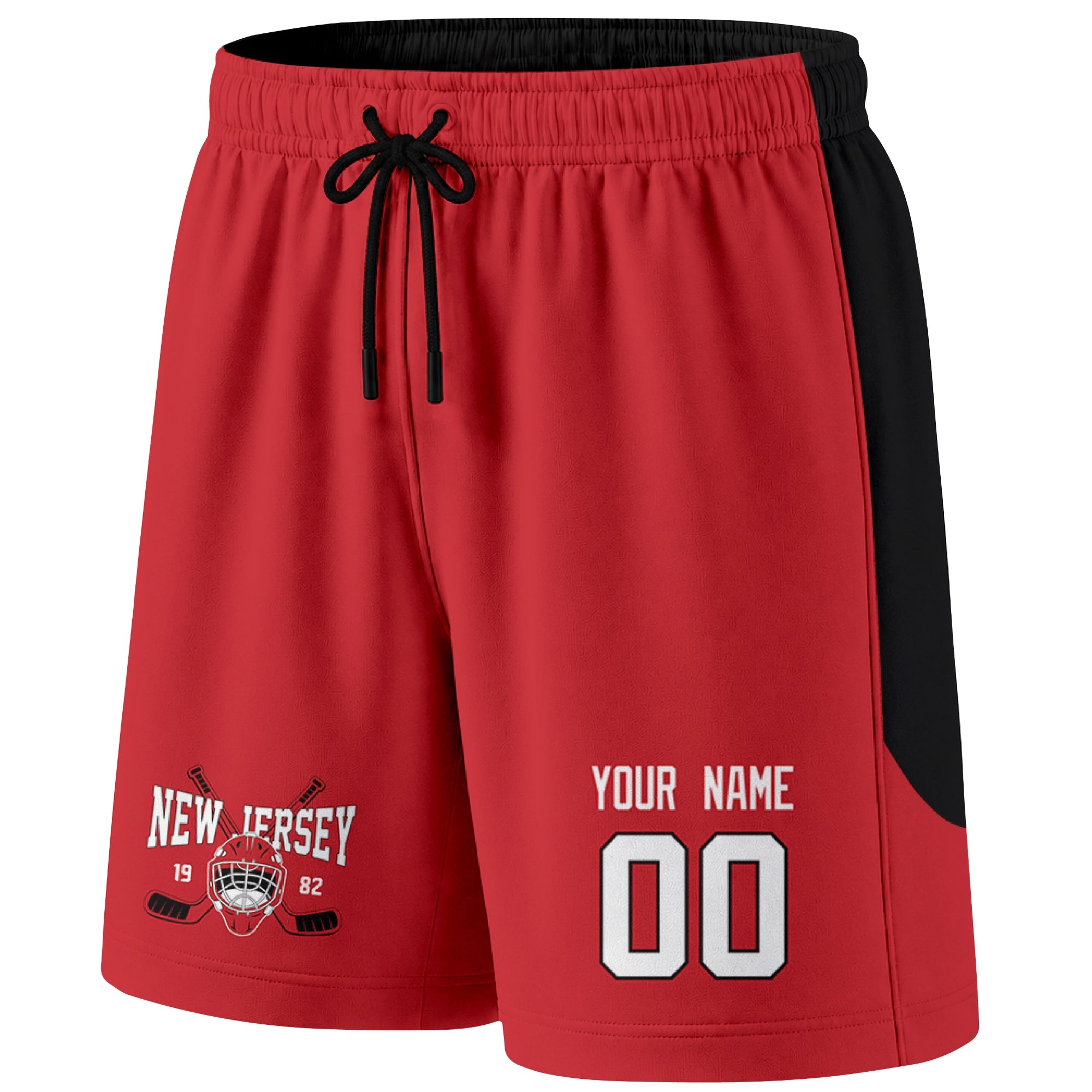 Red New Jersey-inspired hockey shorts front view with custom name and number print and hockey logo graphic