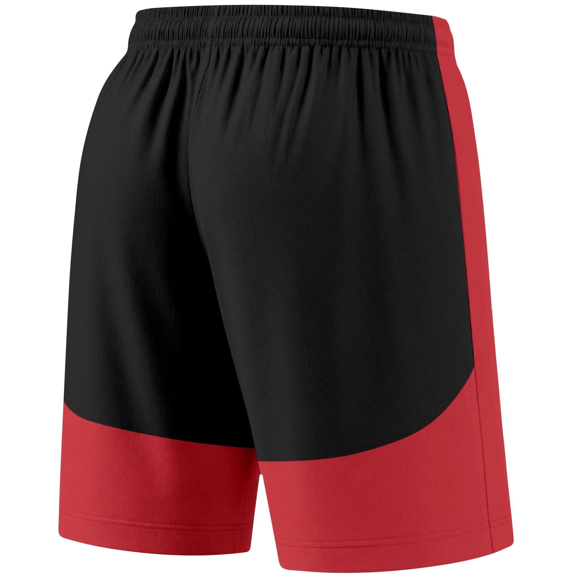 Red color block hockey athletic shorts back and angled view highlighting breathable fabric and athletic fit design