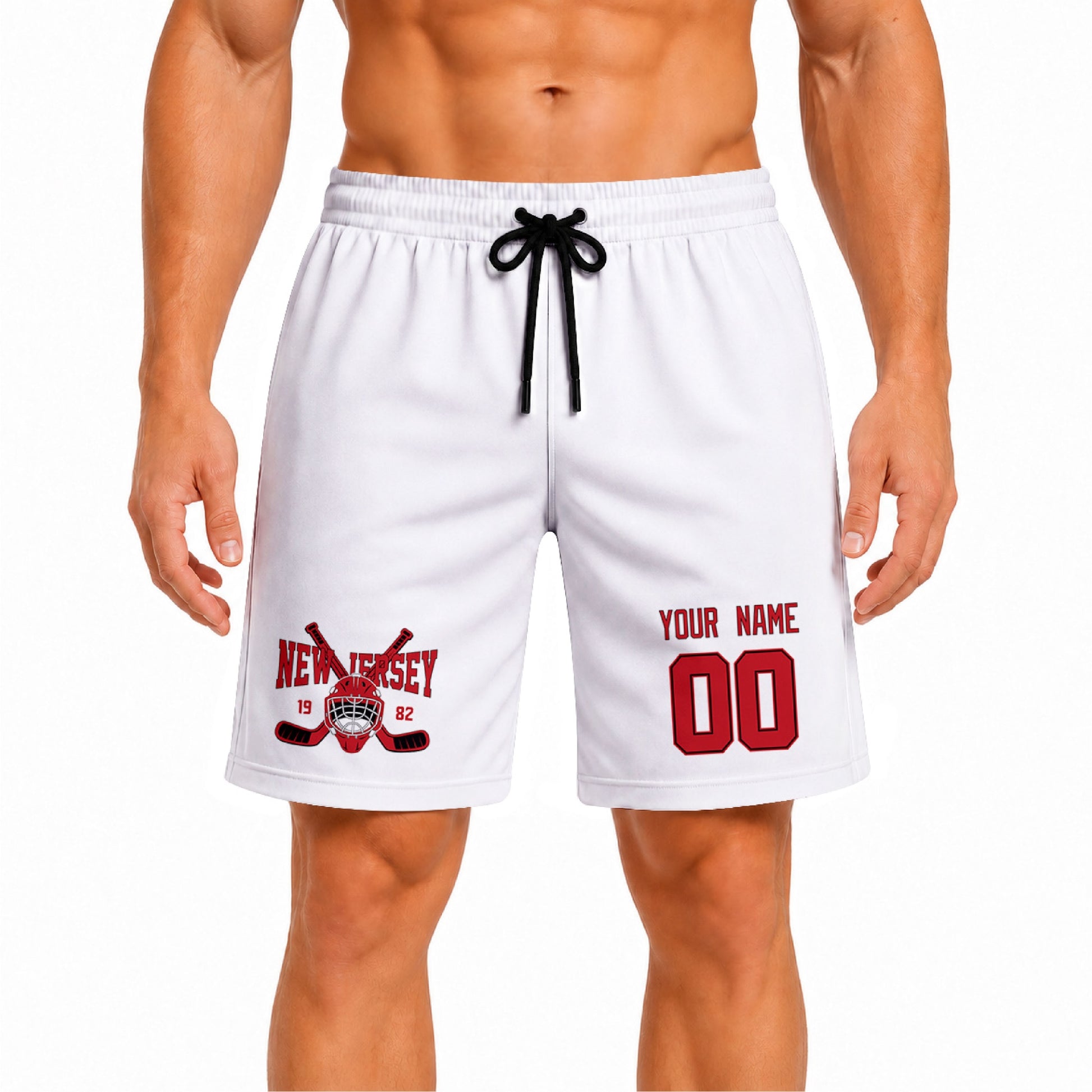 White New Jersey-inspired hockey athletic shorts front view worn by male model, showcasing custom name, number, and team graphic