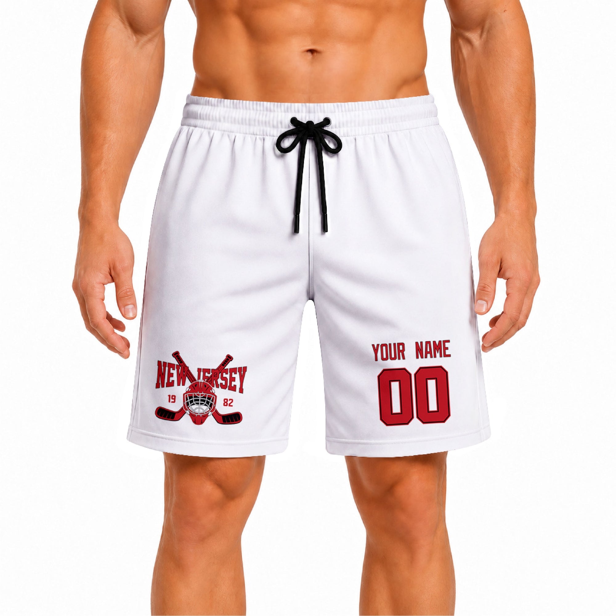 White New Jersey-inspired hockey athletic shorts front view worn by male model, showcasing custom name, number, and team graphic