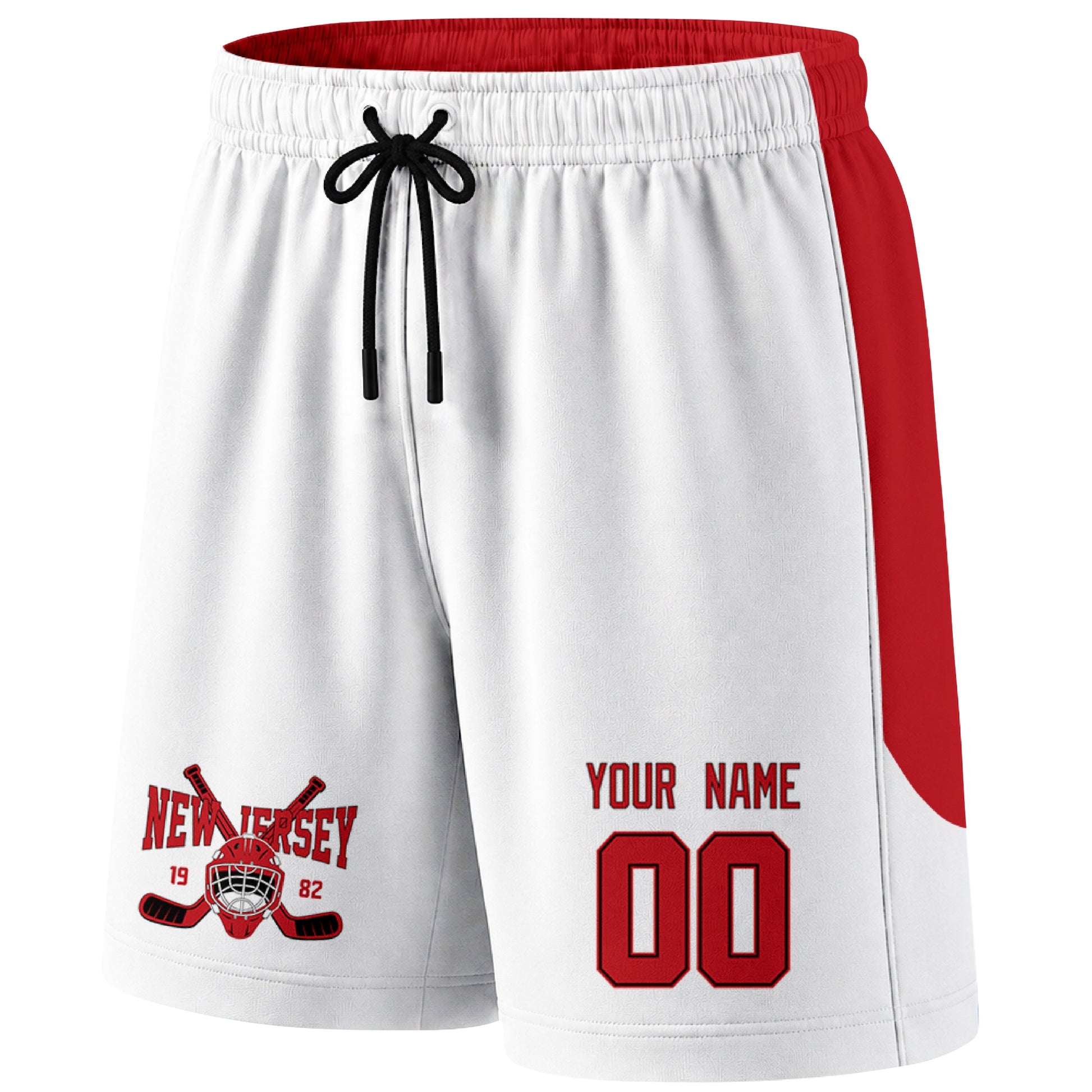 White New Jersey-inspired hockey shorts front view with custom name and number print and hockey logo graphic
