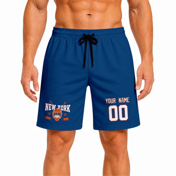 Royal New York-inspired hockey athletic shorts front view worn by male model, showcasing custom name, number, and team graphic