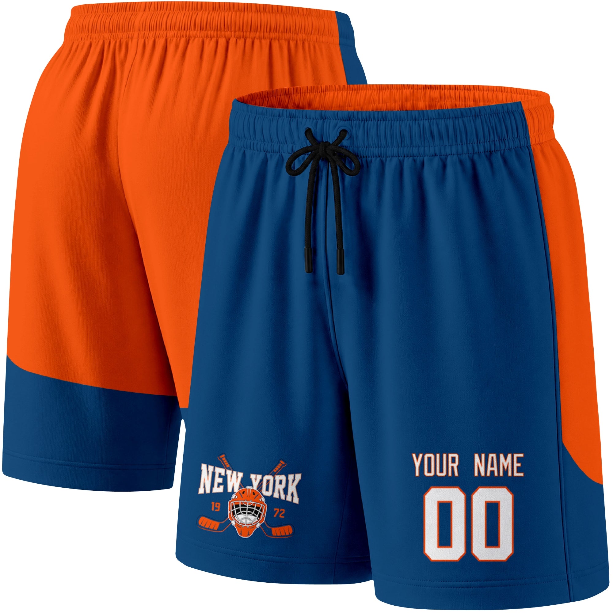Royal color variation hockey athletic shorts shown from front and back angle with elastic waistband and drawstring detail