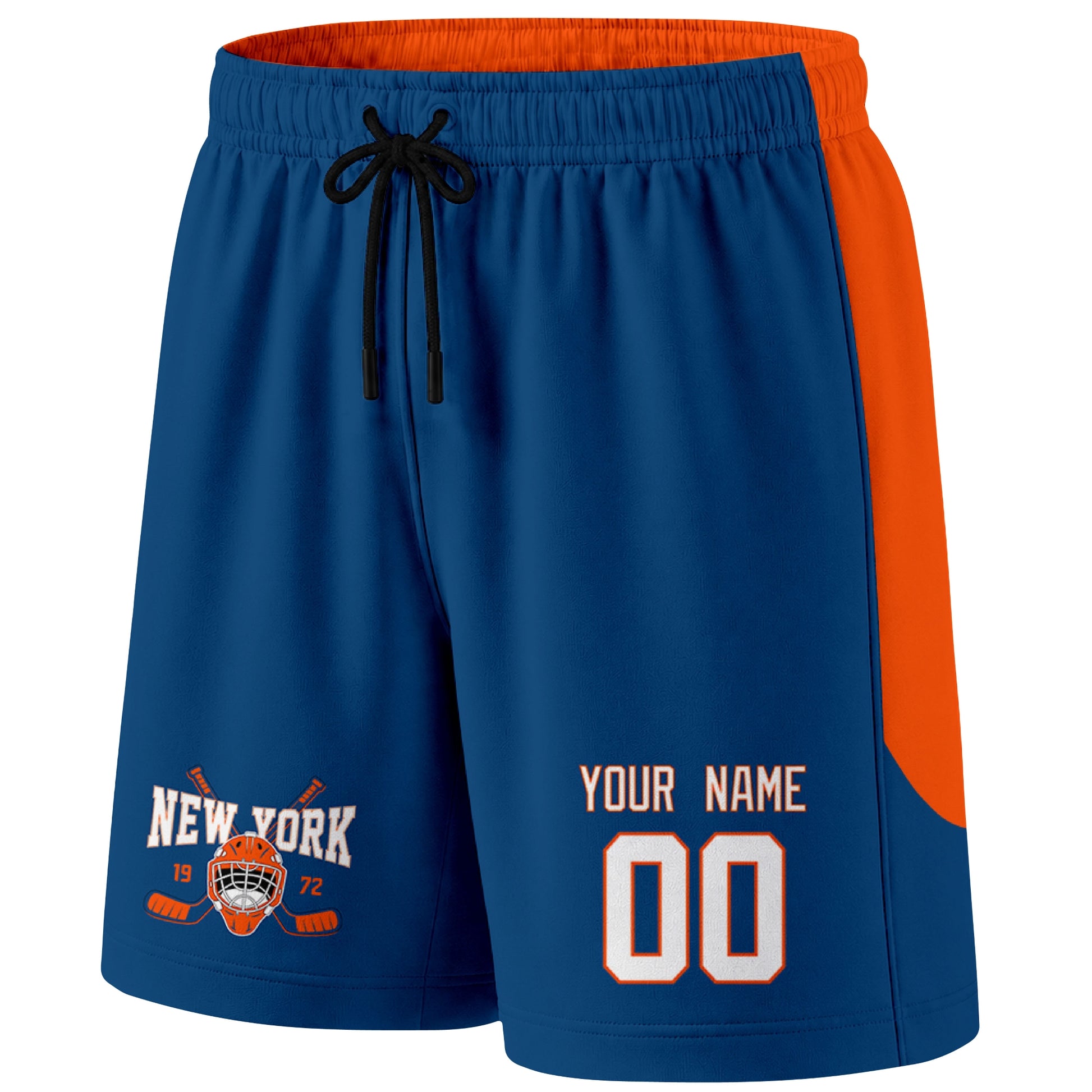 Royal New York-inspired hockey shorts front view with custom name and number print and hockey logo graphic
