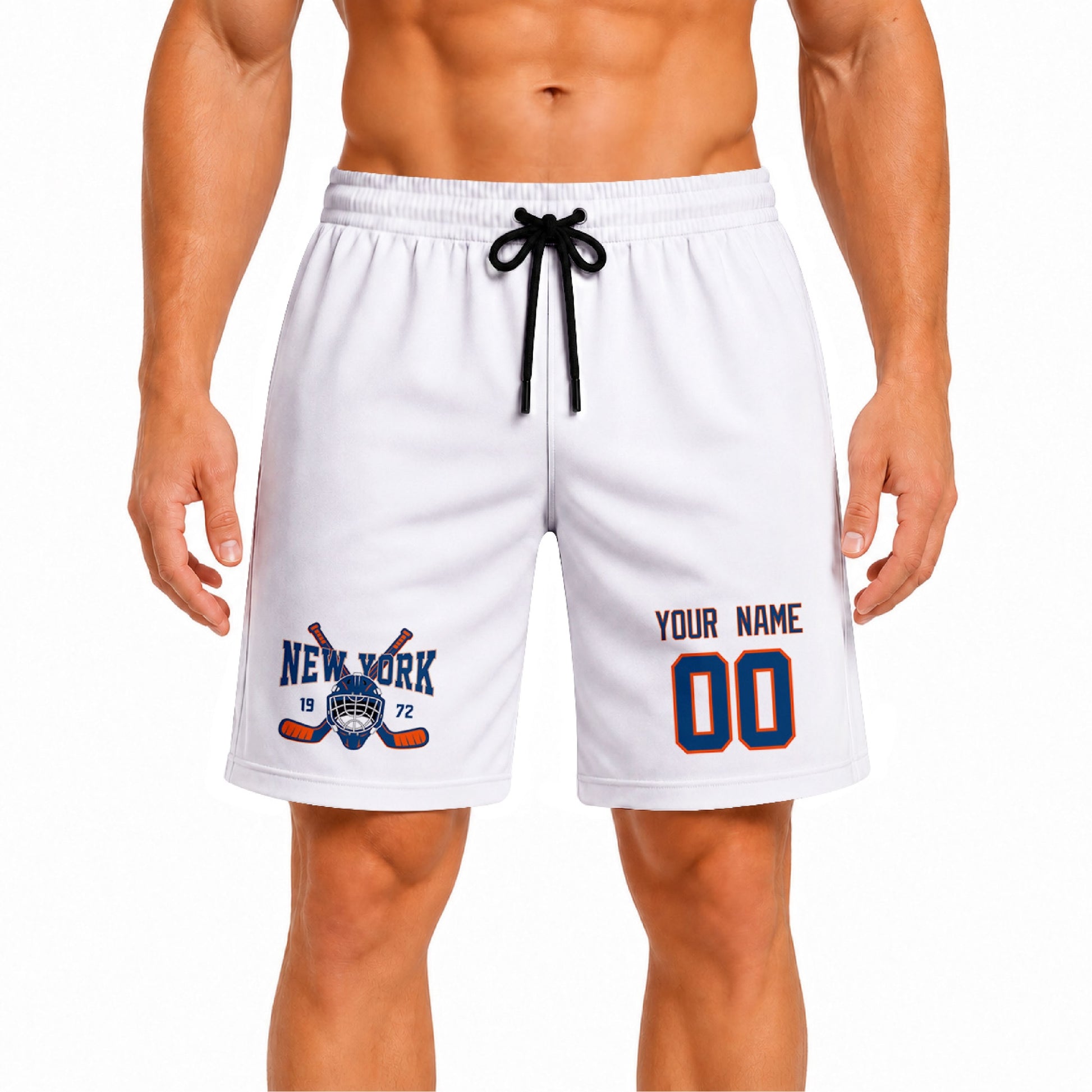 White New York-inspired hockey athletic shorts front view worn by male model, showcasing custom name, number, and team graphic