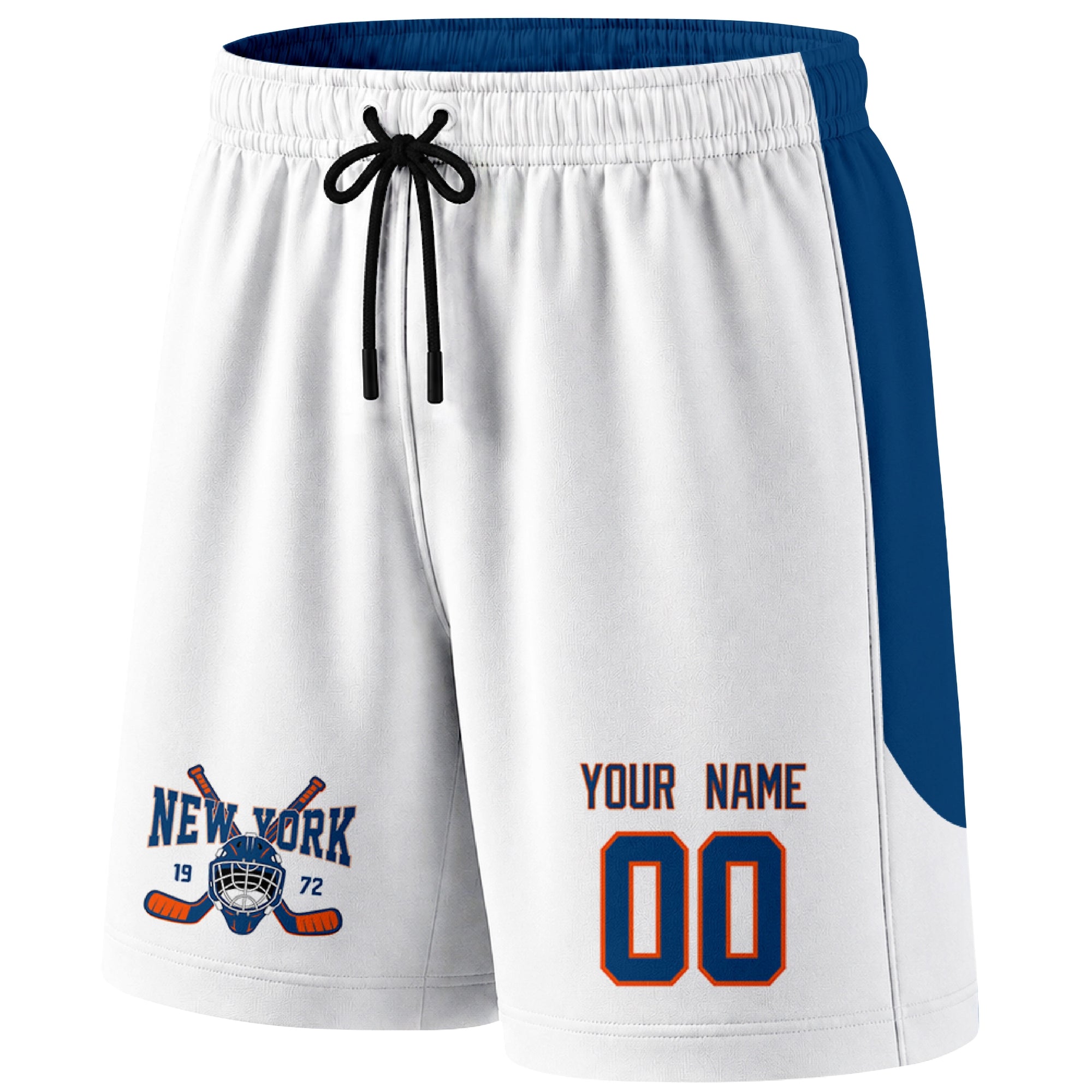 White New York-inspired hockey shorts front view with custom name and number print and hockey logo graphic