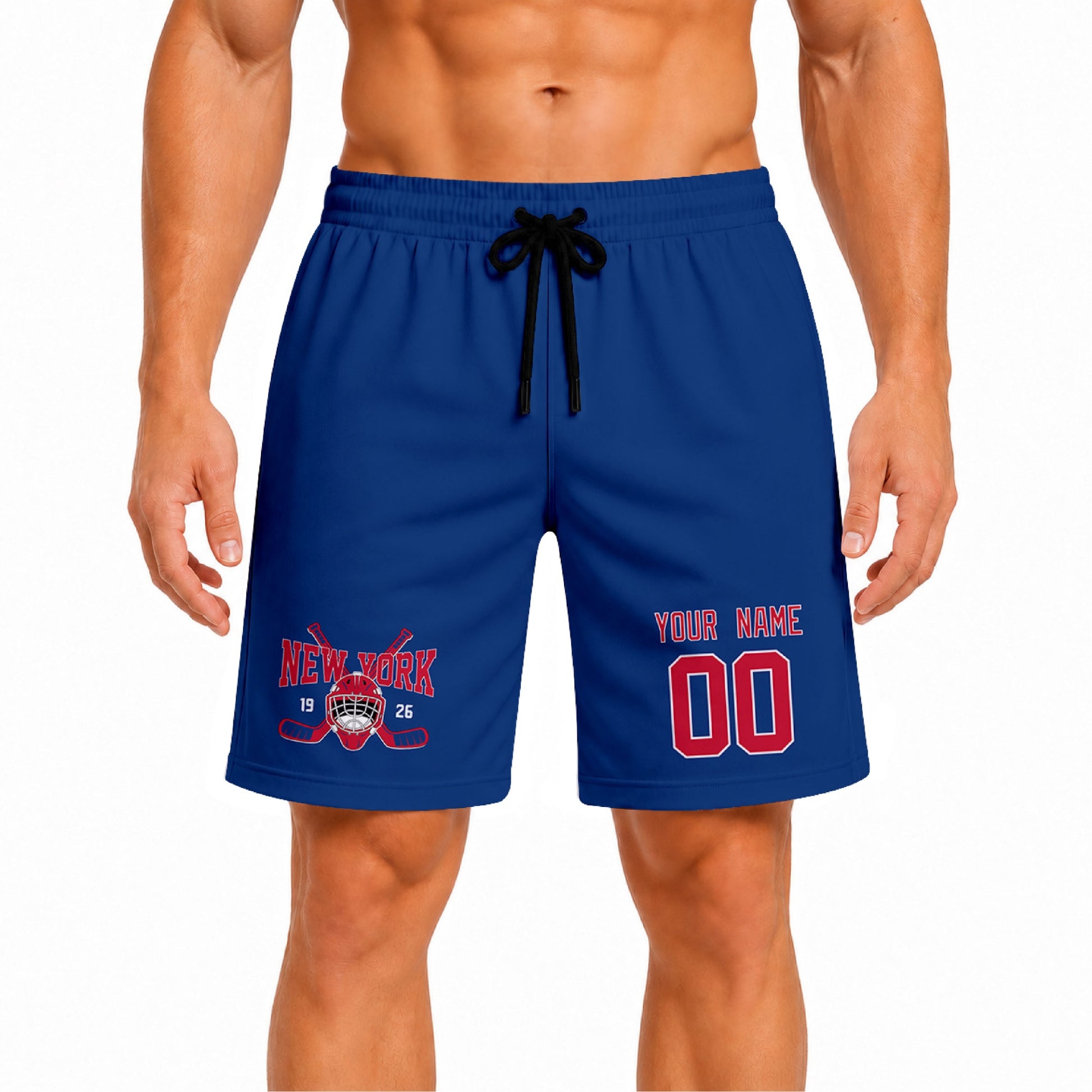 Blue New York R-inspired hockey athletic shorts front view worn by male model, showcasing custom name, number, and team graphic