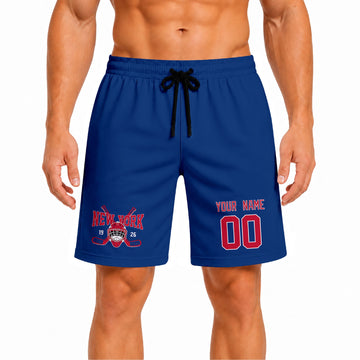 Blue New York R-inspired hockey athletic shorts front view worn by male model, showcasing custom name, number, and team graphic