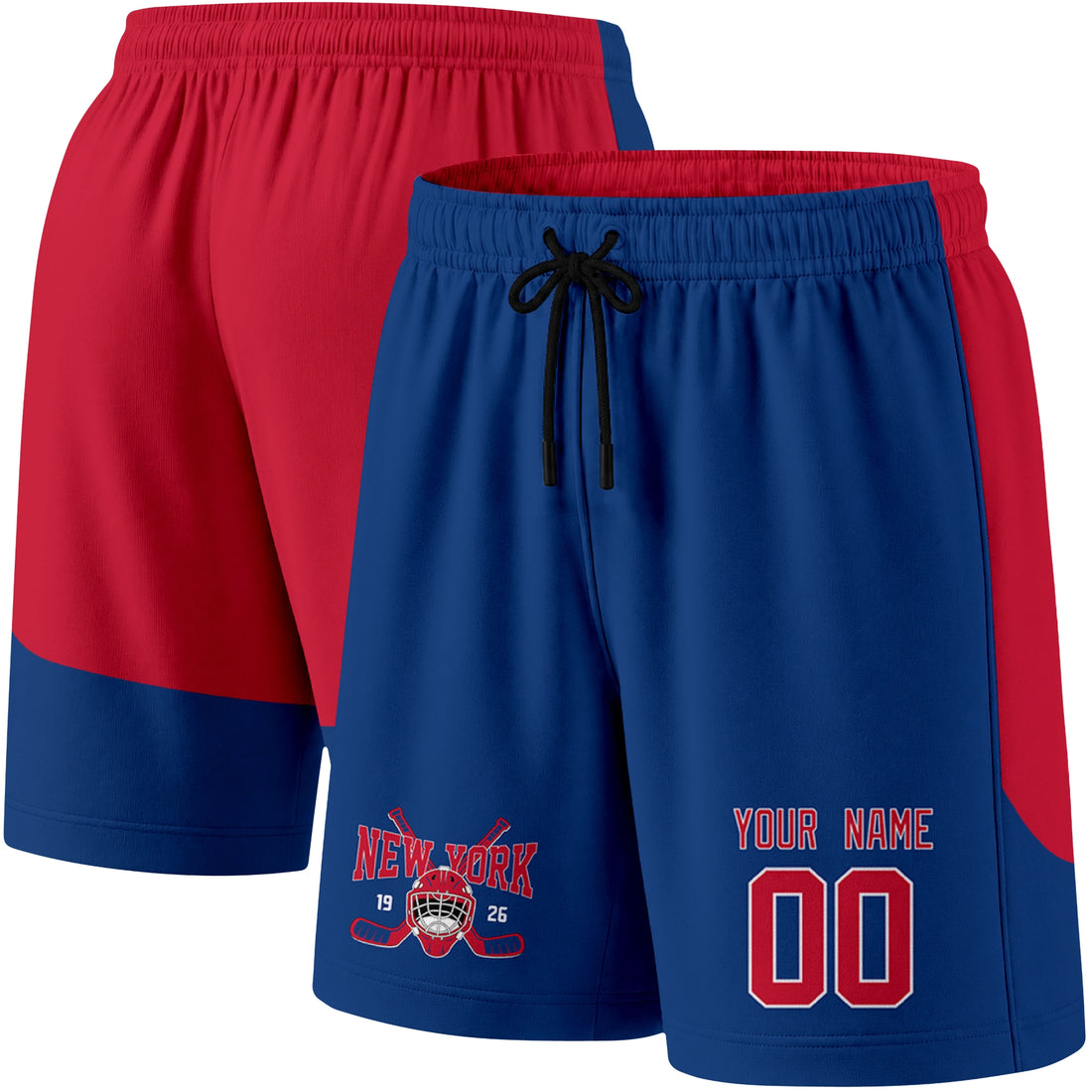 Blue New York R-inspired hockey athletic shorts front view worn by male model, showcasing custom name, number, and team graphic