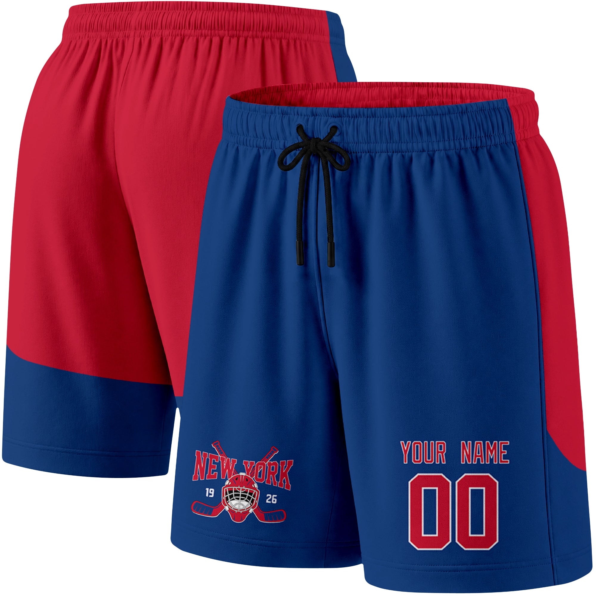 Blue color variation hockey athletic shorts shown from front and back angle with elastic waistband and drawstring detail