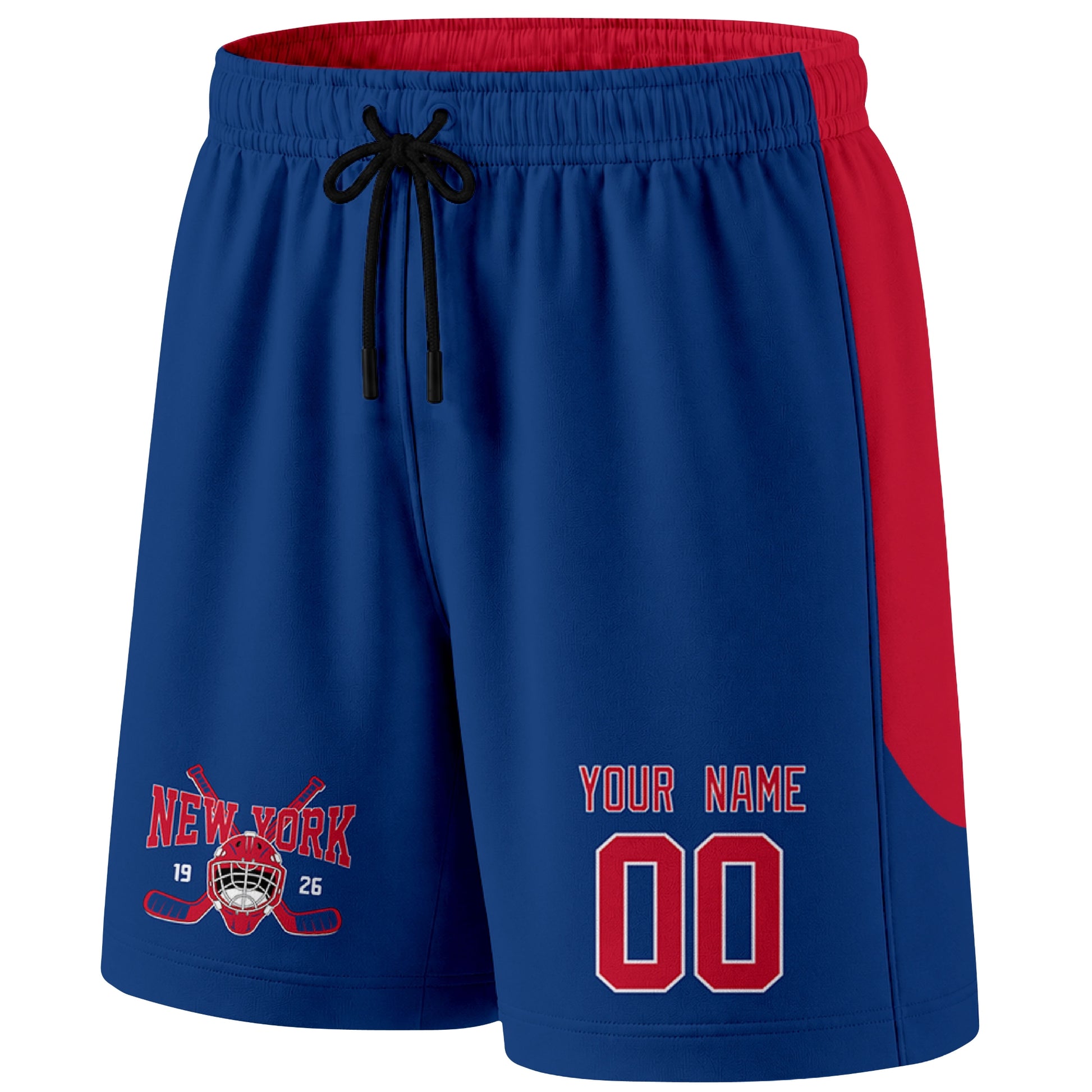 Blue New York R-inspired hockey shorts front view with custom name and number print and hockey logo graphic