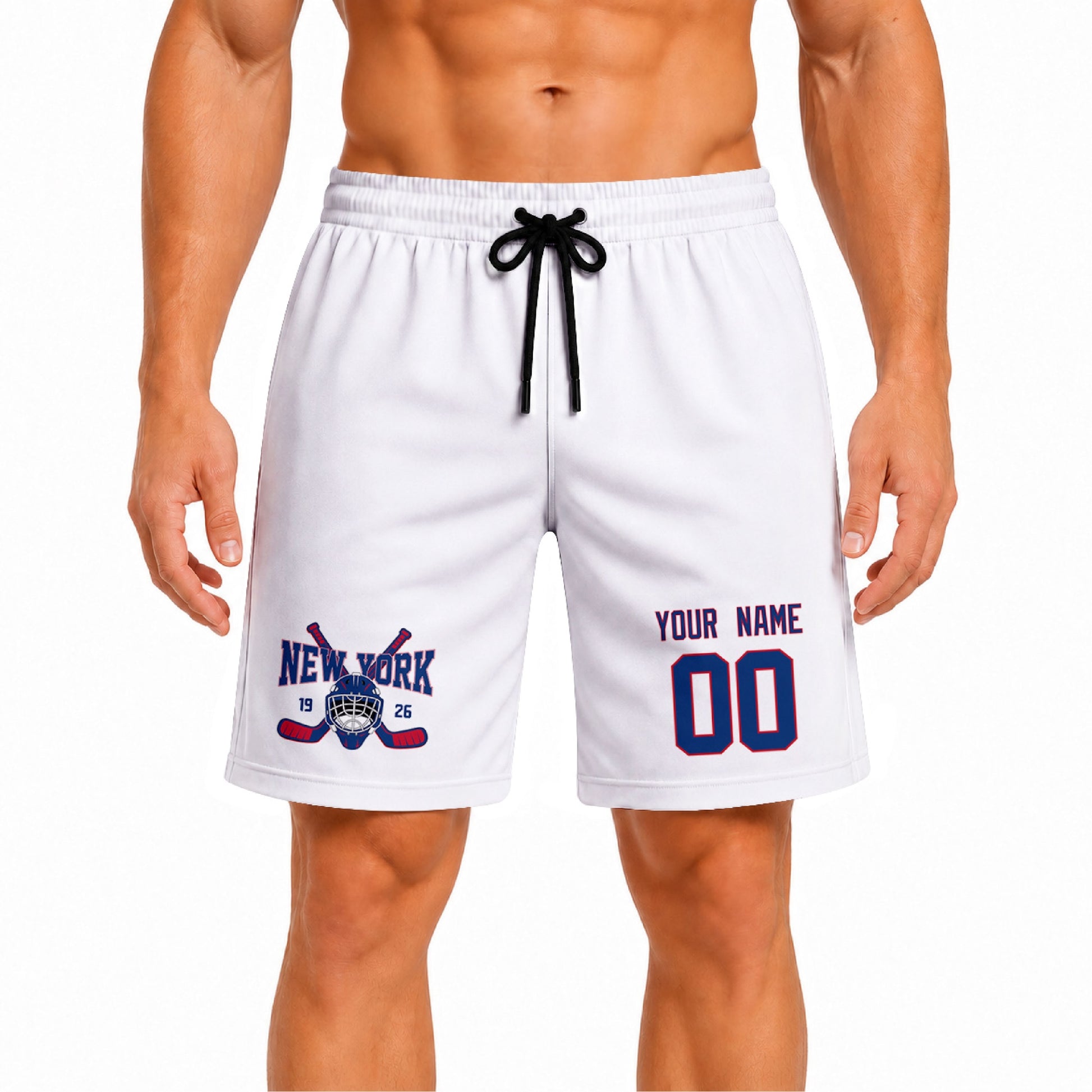 White New York R-inspired hockey athletic shorts front view worn by male model, showcasing custom name, number, and team graphic
