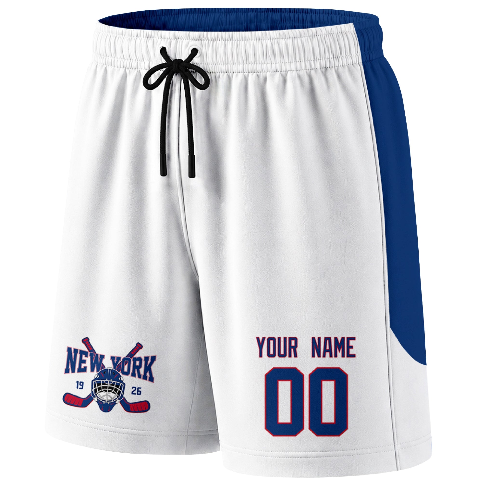 White New York R-inspired hockey shorts front view with custom name and number print and hockey logo graphic