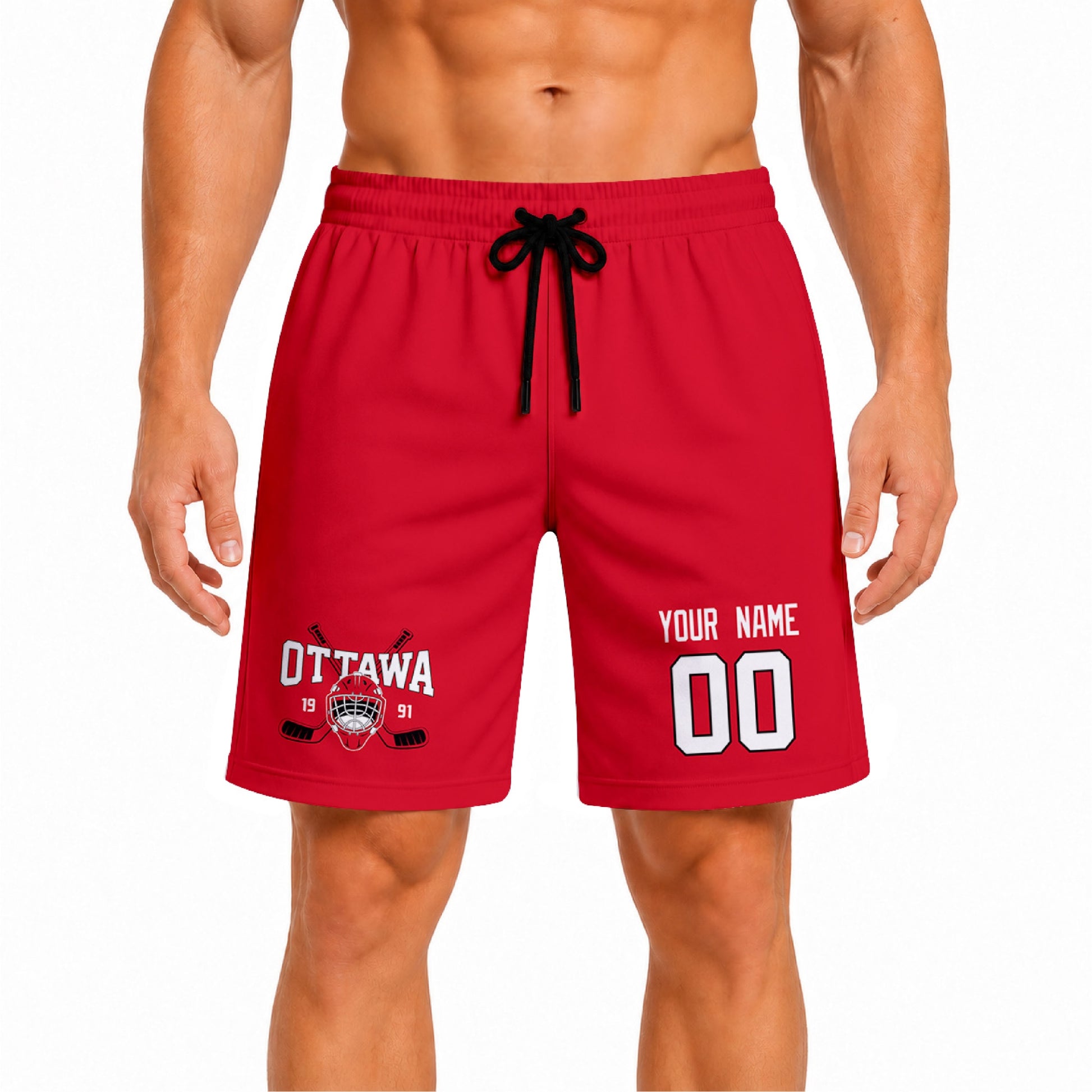 Red Ottawa-inspired hockey athletic shorts front view worn by male model, showcasing custom name, number, and team graphic