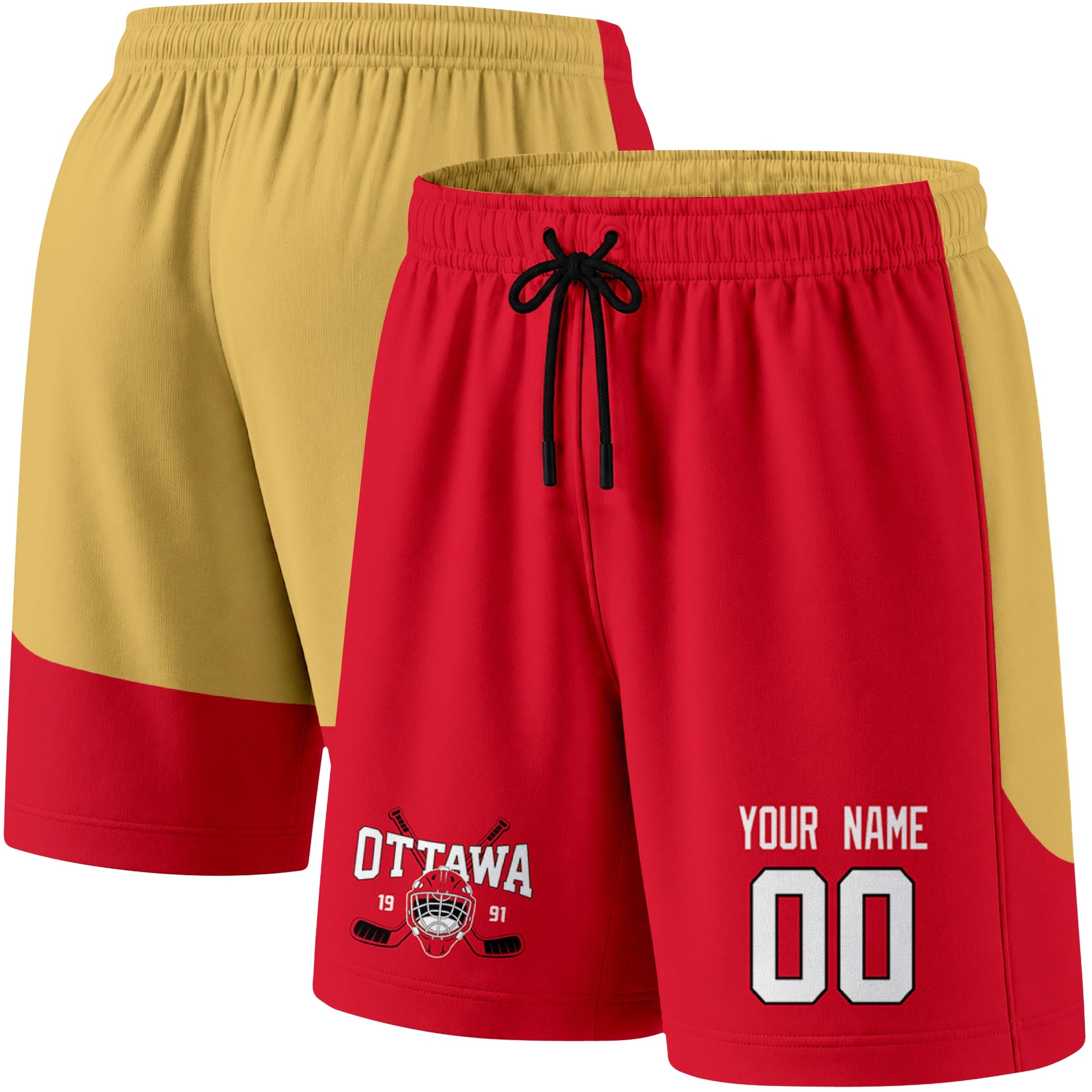 Red color variation hockey athletic shorts shown from front and back angle with elastic waistband and drawstring detail