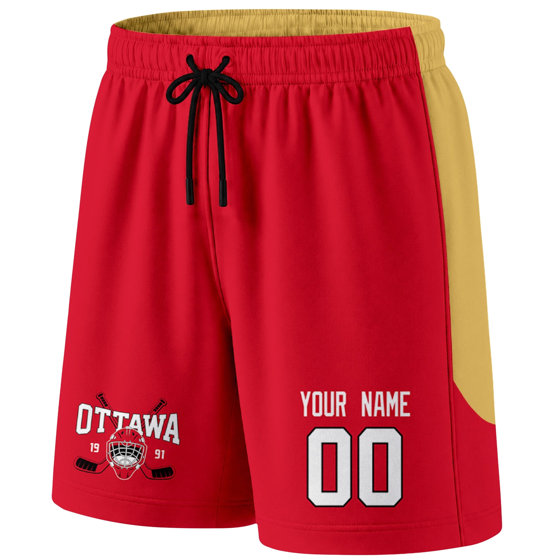 Red Ottawa-inspired hockey shorts front view with custom name and number print and hockey logo graphic