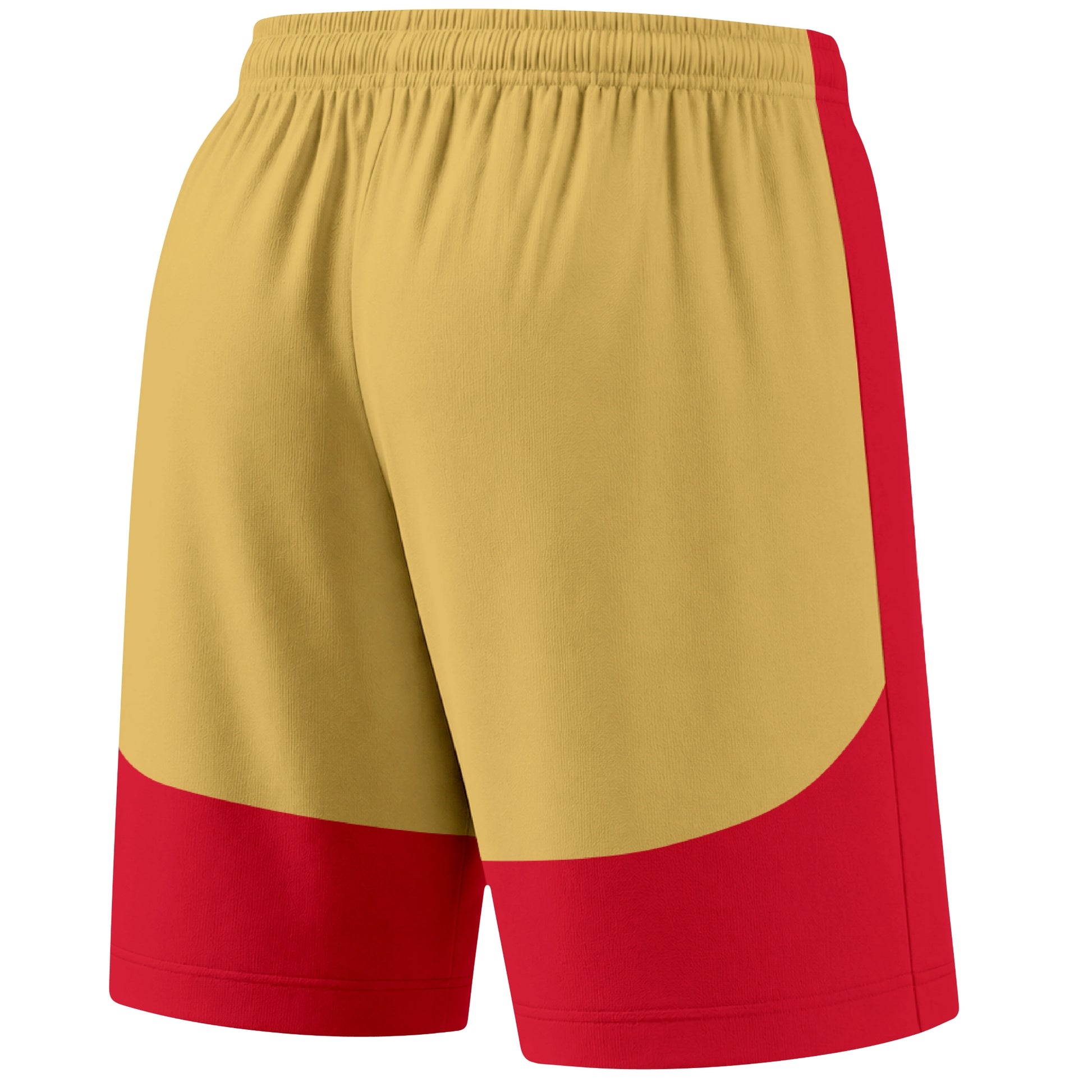 Red color block hockey athletic shorts back and angled view highlighting breathable fabric and athletic fit design