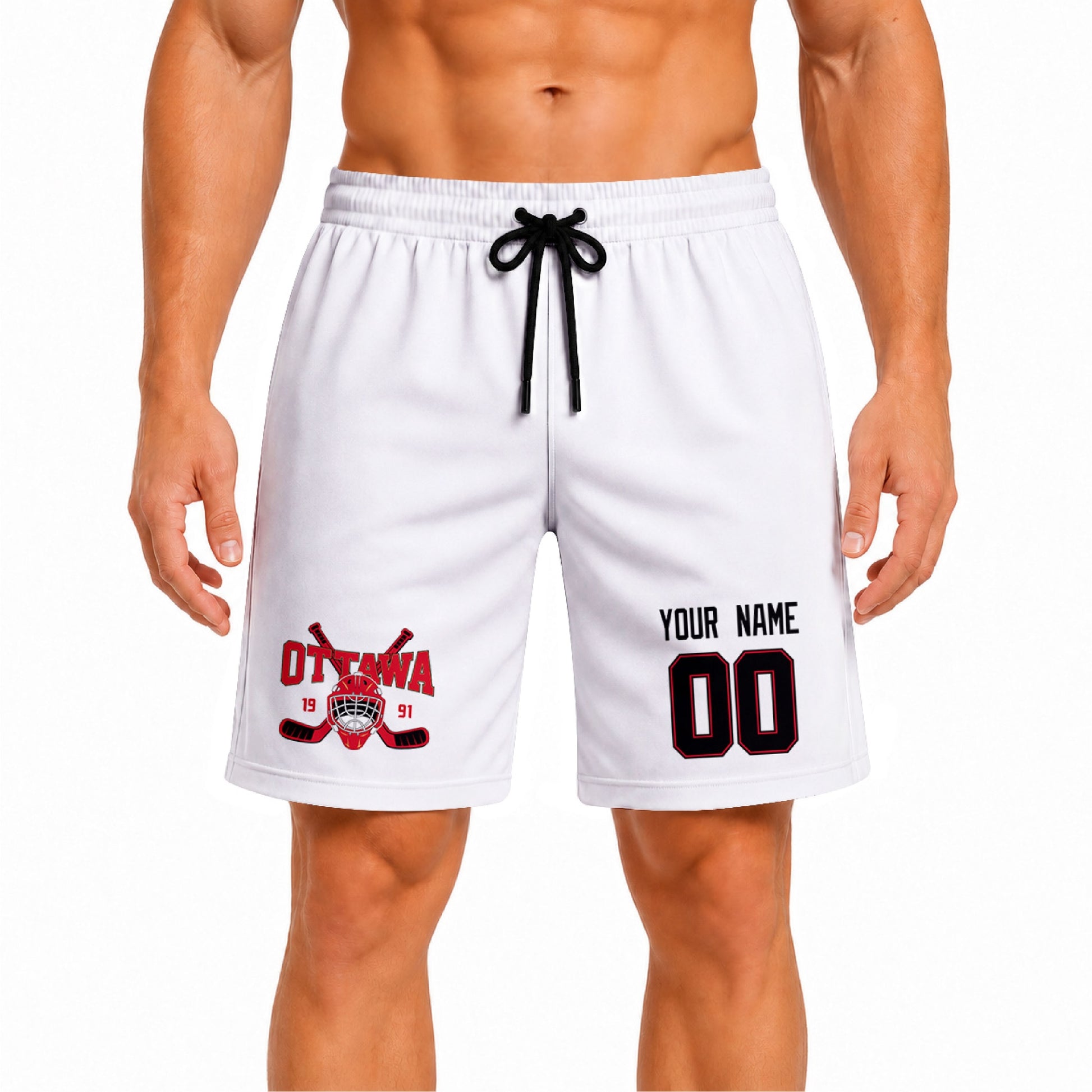 White Ottawa-inspired hockey athletic shorts front view worn by male model, showcasing custom name, number, and team graphic