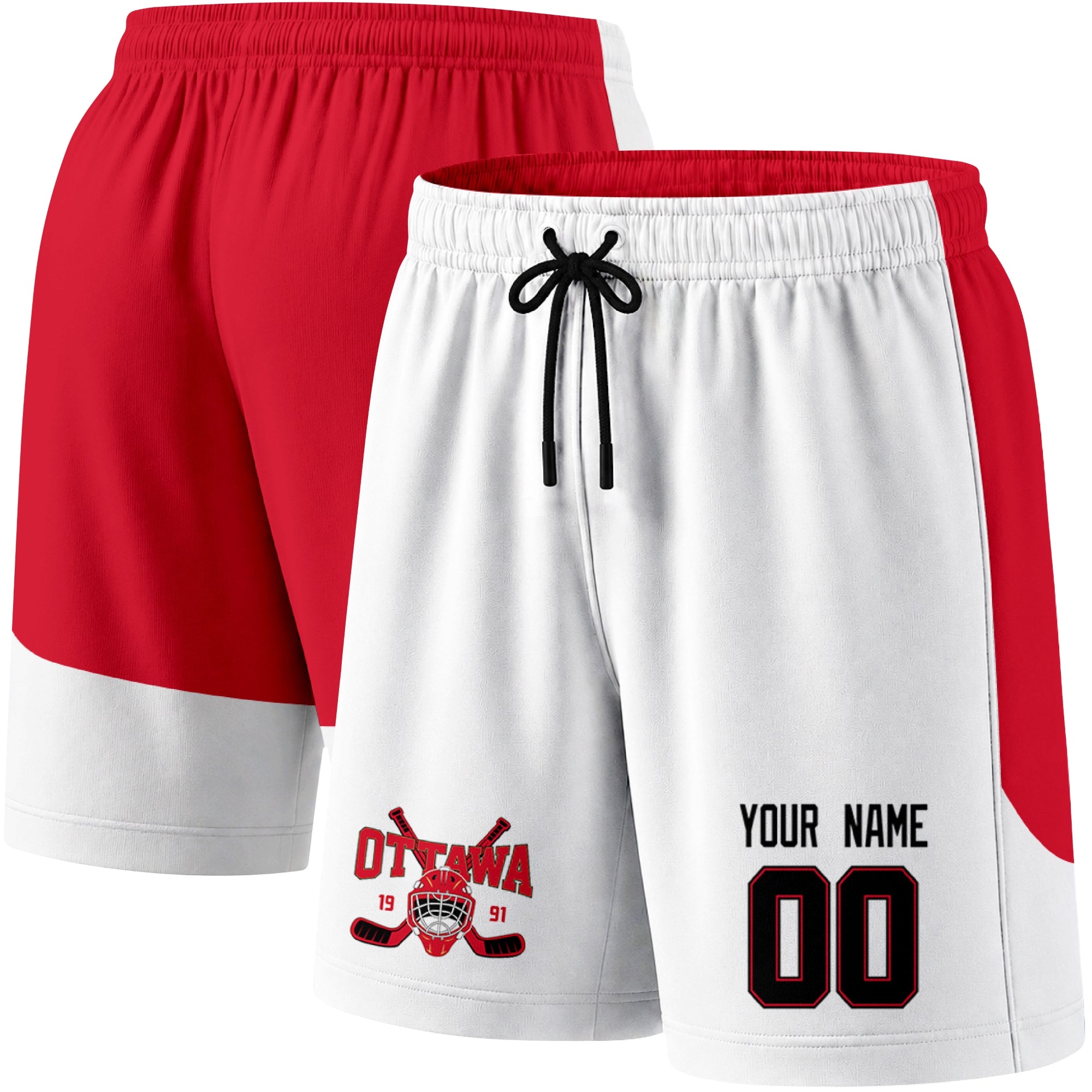 White color variation hockey athletic shorts shown from front and back angle with elastic waistband and drawstring detail