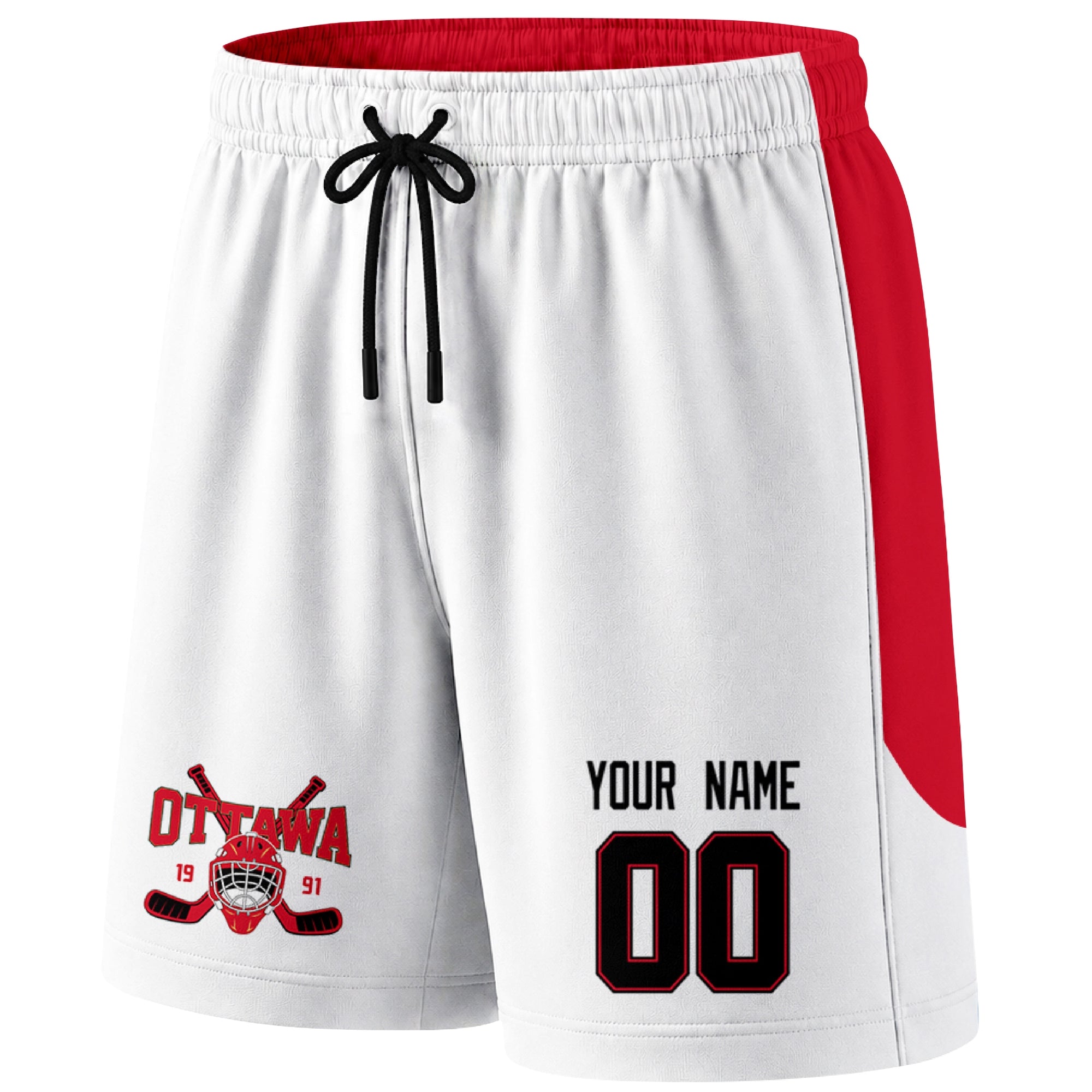 White Ottawa-inspired hockey shorts front view with custom name and number print and hockey logo graphic