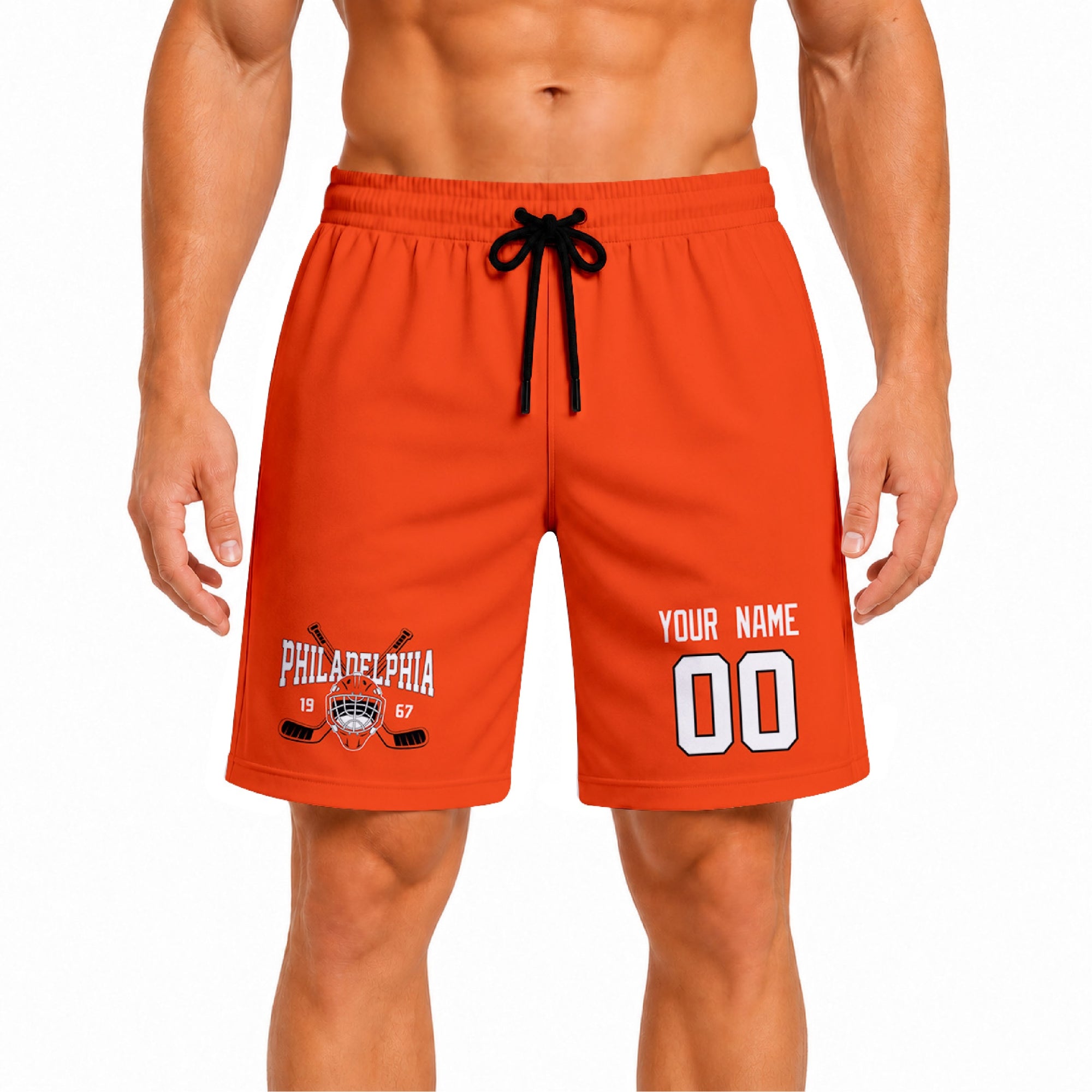Orange Philadelphia-inspired hockey athletic shorts front view worn by male model, showcasing custom name, number, and team graphic