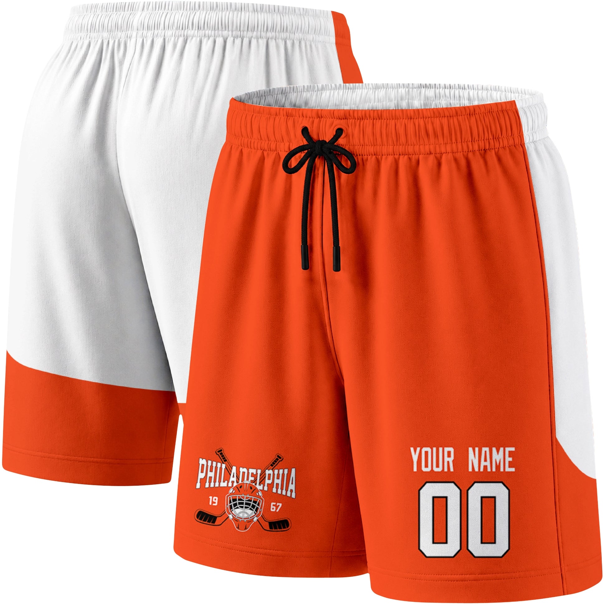 Orange color variation hockey athletic shorts shown from front and back angle with elastic waistband and drawstring detail