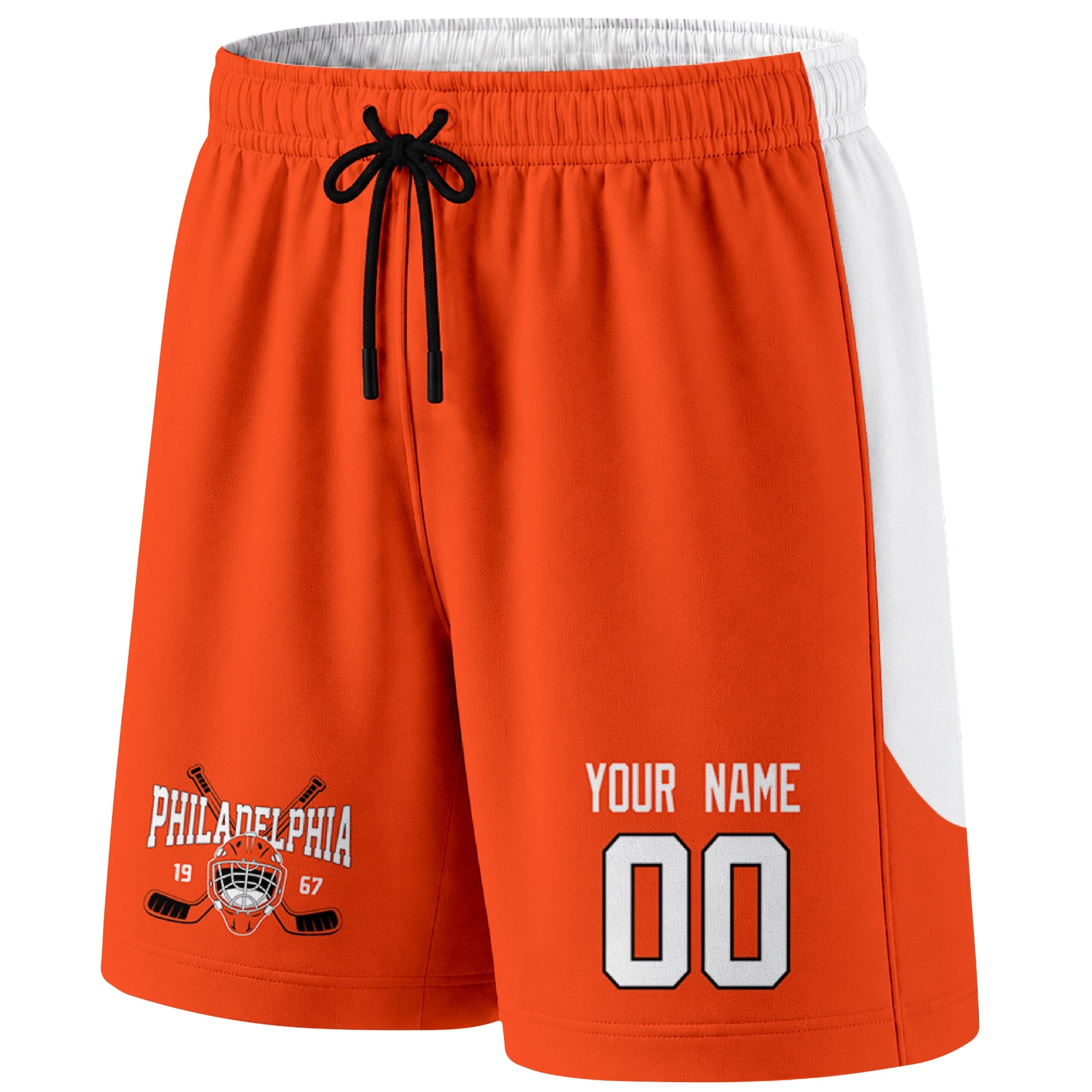 Orange Philadelphia-inspired hockey shorts front view with custom name and number print and hockey logo graphic