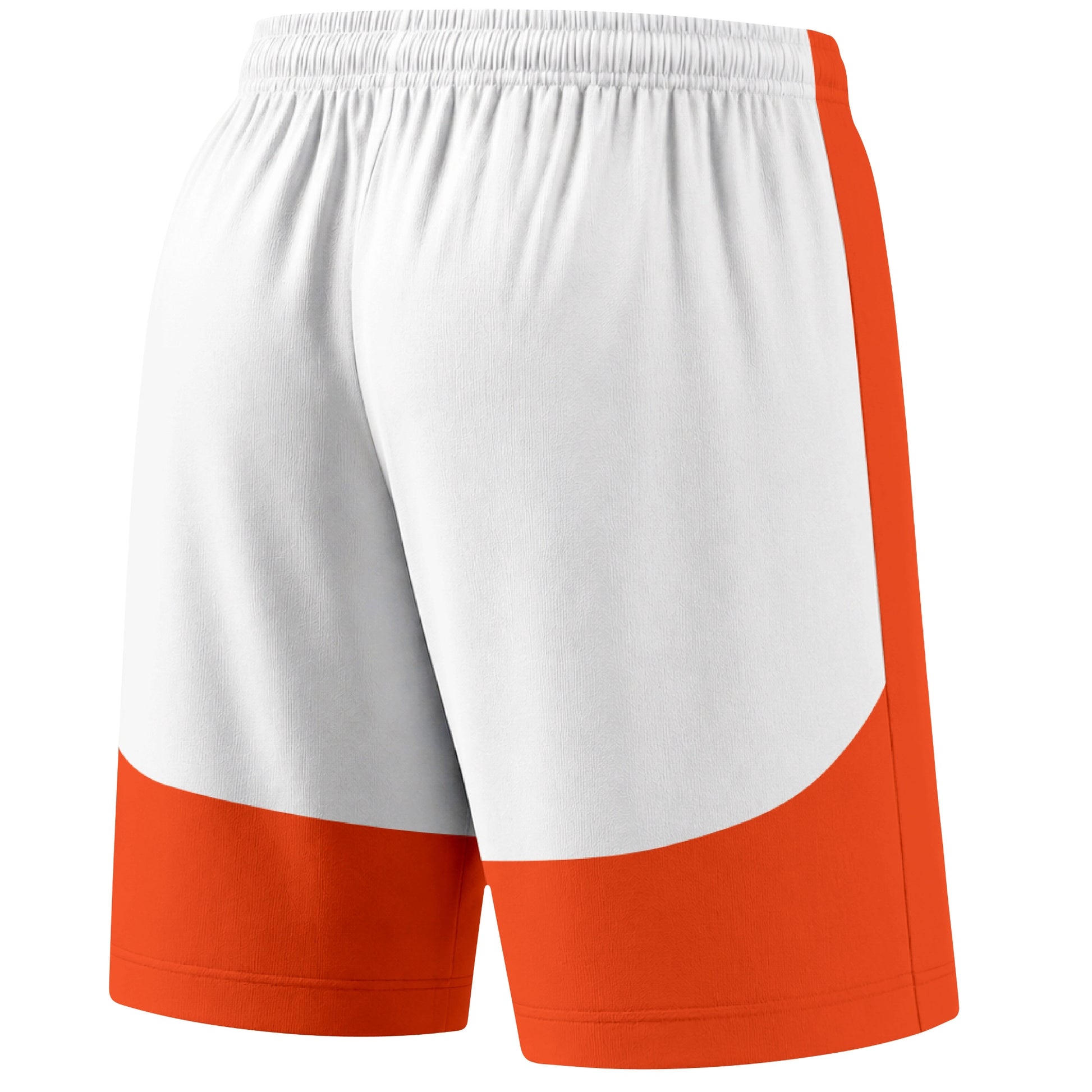 Orange color block hockey athletic shorts back and angled view highlighting breathable fabric and athletic fit design