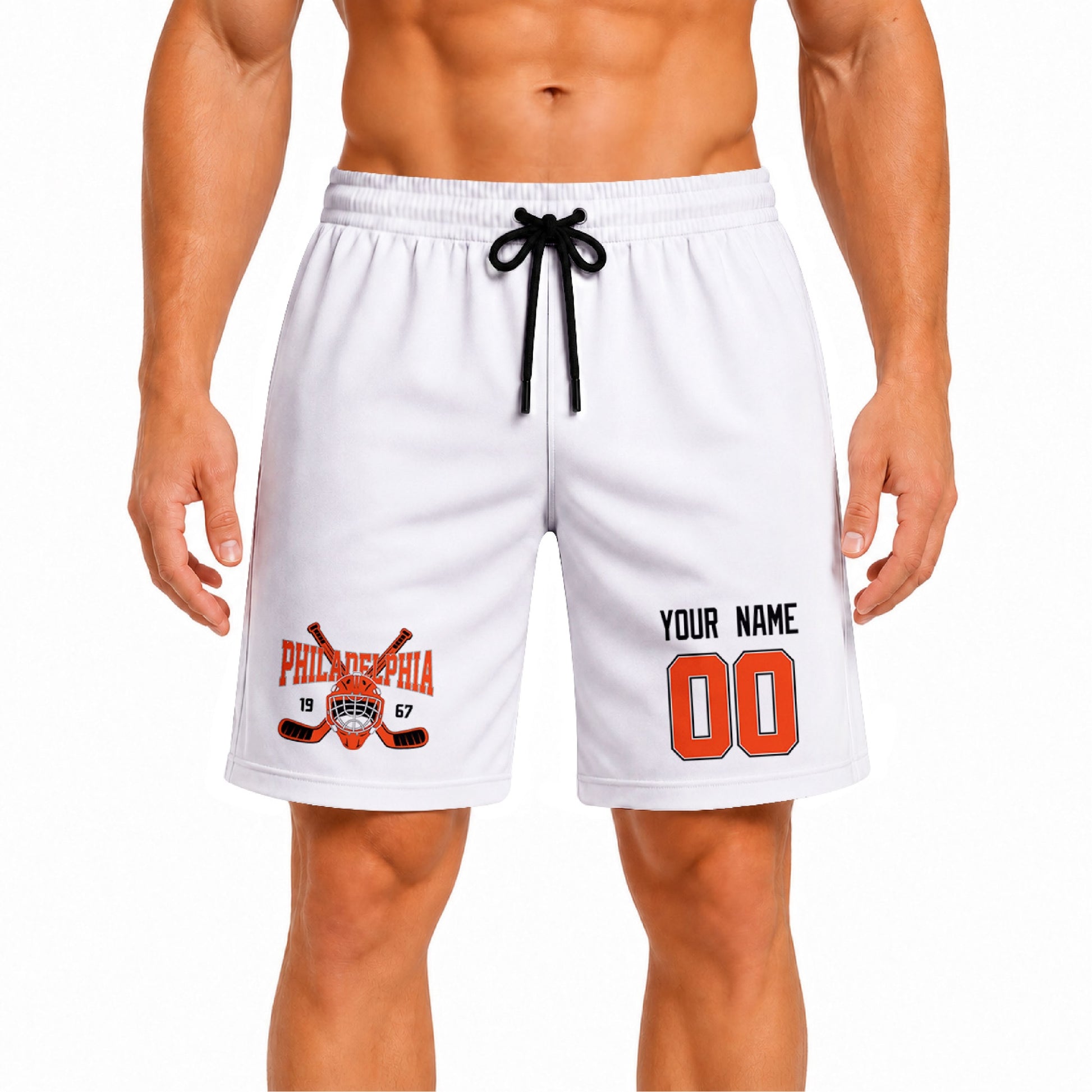 White Philadelphia-inspired hockey athletic shorts front view worn by male model, showcasing custom name, number, and team graphic