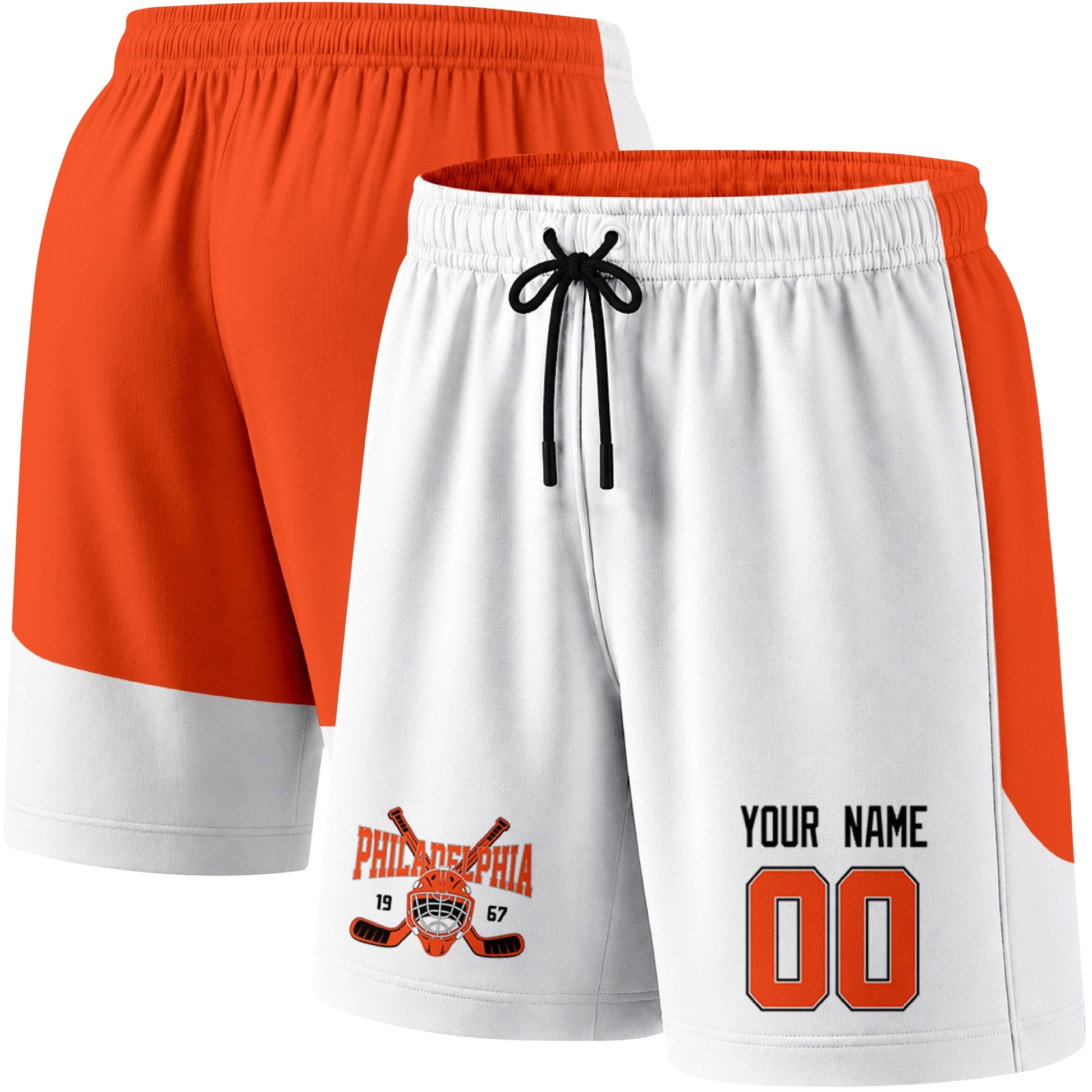 White color variation hockey athletic shorts shown from front and back angle with elastic waistband and drawstring detail