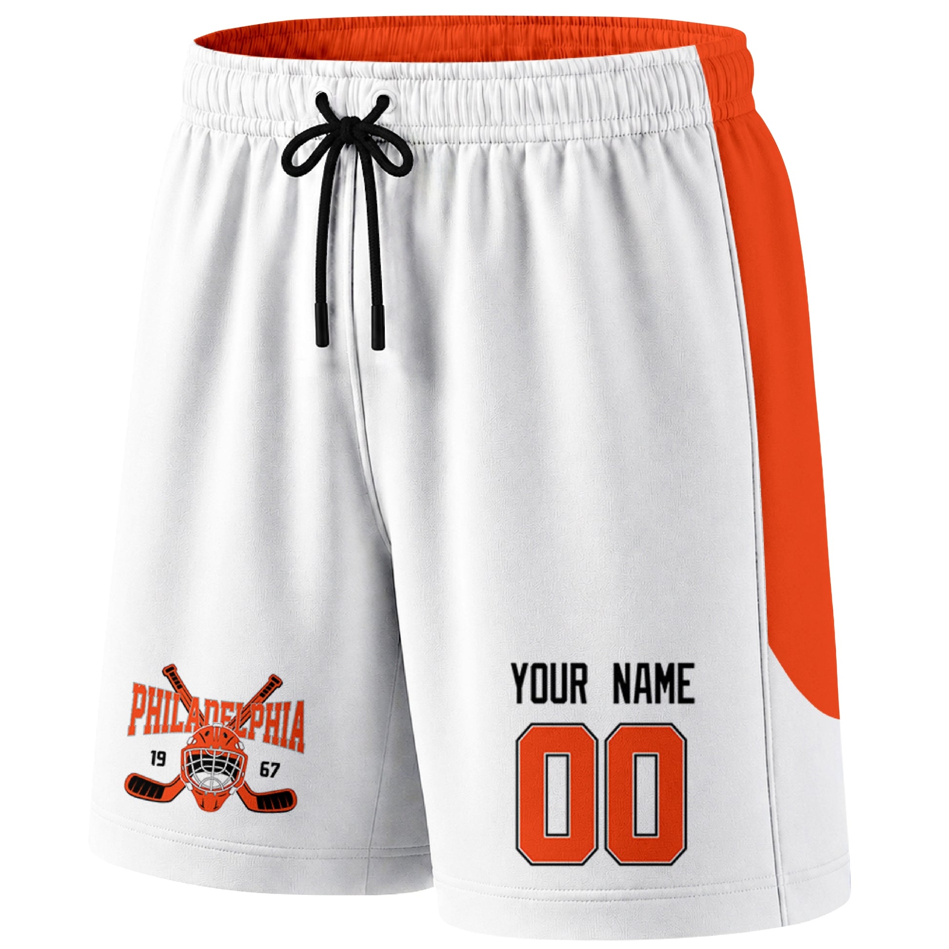 White Philadelphia-inspired hockey shorts front view with custom name and number print and hockey logo graphic