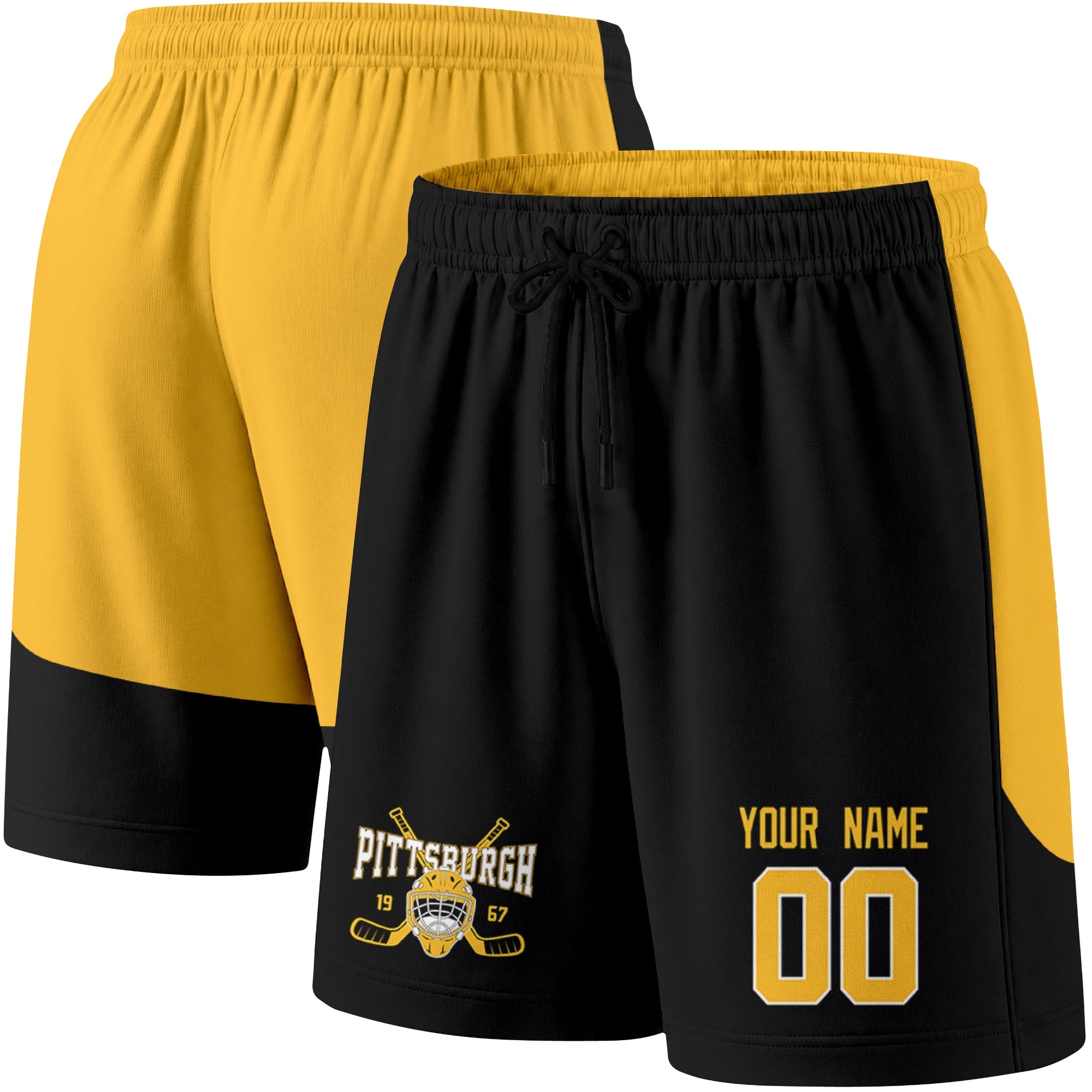 Black color variation hockey athletic shorts shown from front and back angle with elastic waistband and drawstring detail