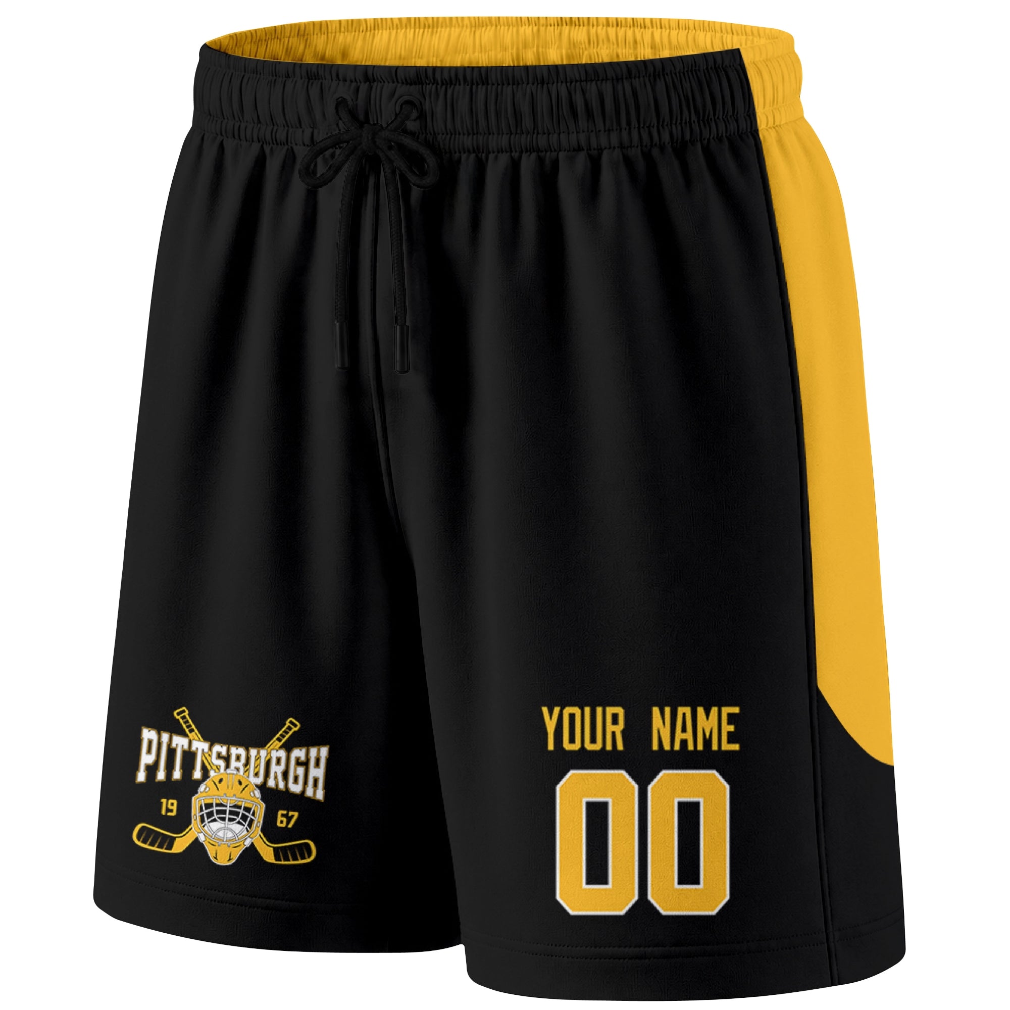 Black Pittsburgh-inspired hockey shorts front view with custom name and number print and hockey logo graphic