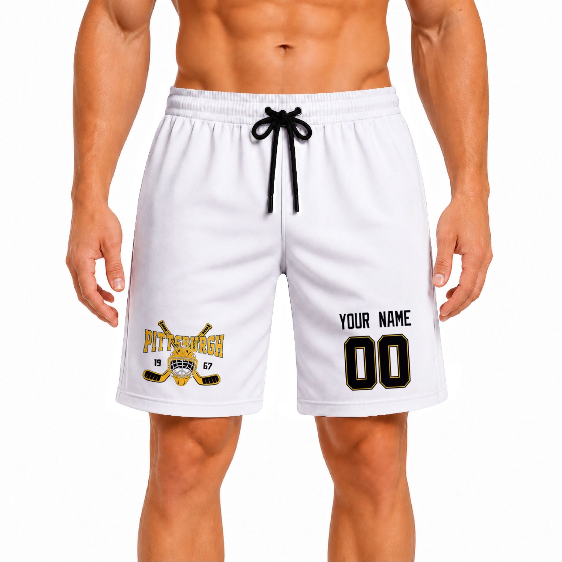 White Pittsburgh-inspired hockey athletic shorts front view worn by male model, showcasing custom name, number, and team graphic