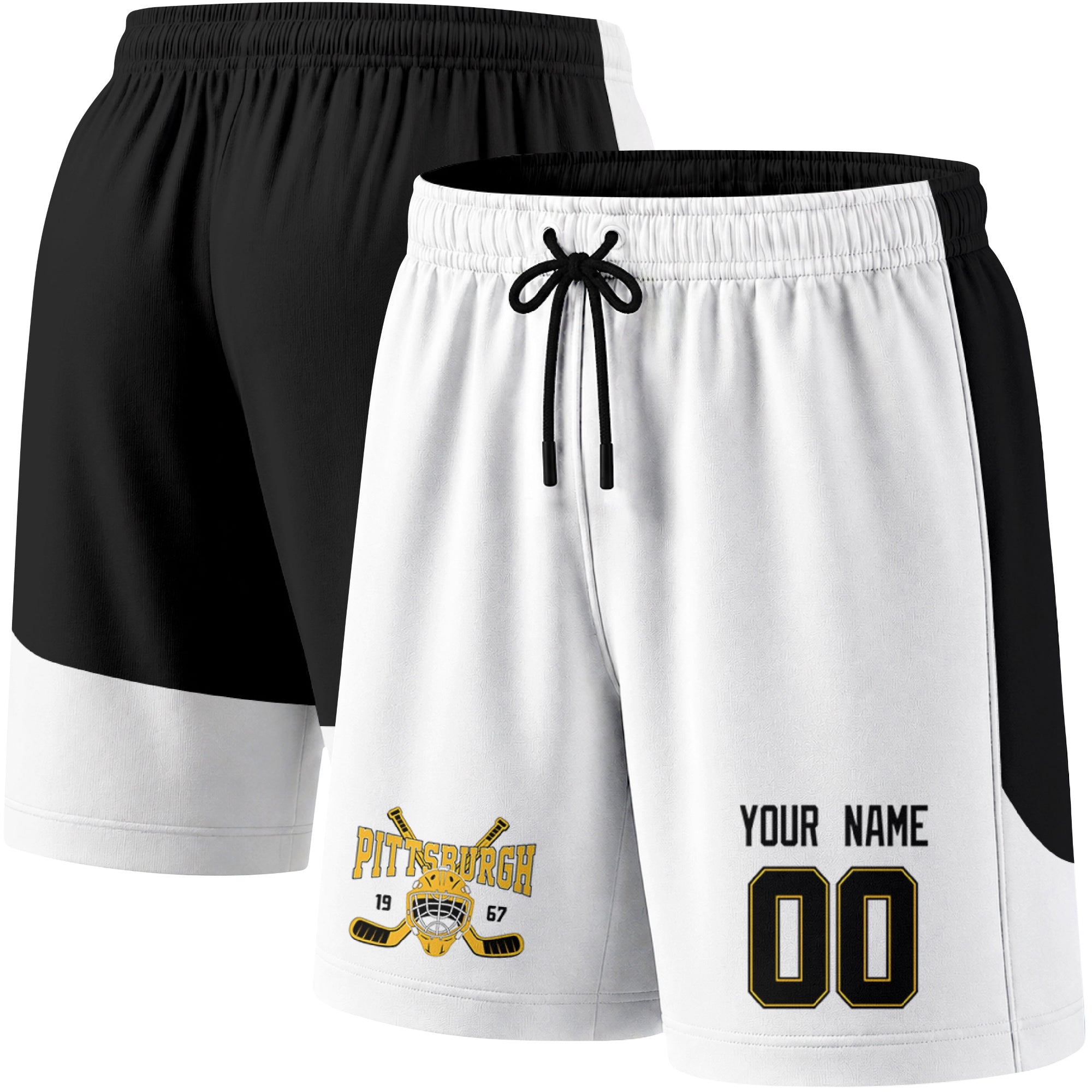 White color variation hockey athletic shorts shown from front and back angle with elastic waistband and drawstring detail