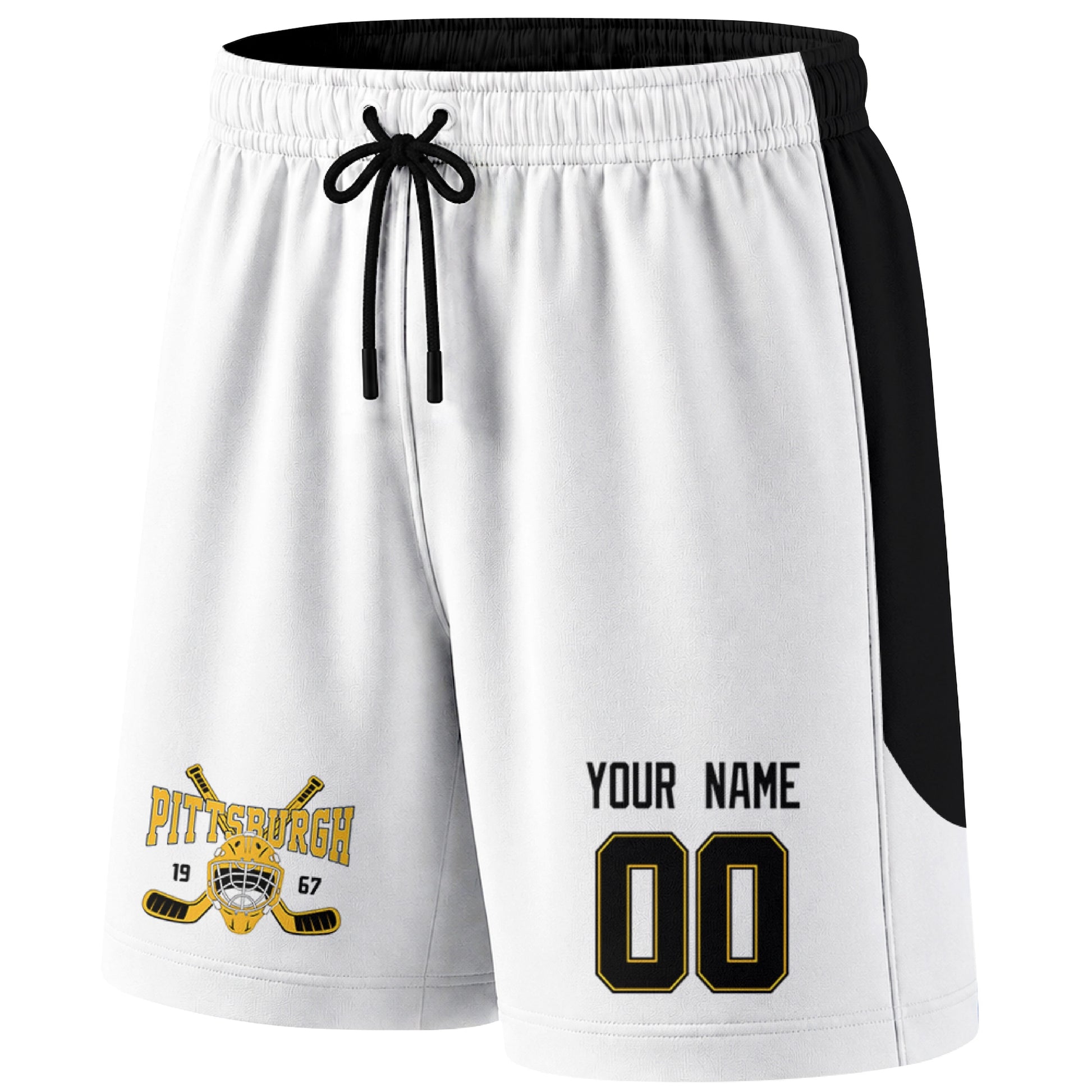 White Pittsburgh-inspired hockey shorts front view with custom name and number print and hockey logo graphic