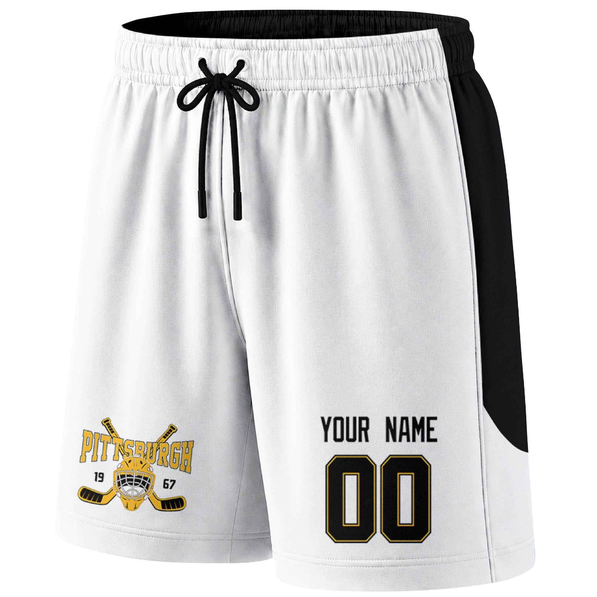 White Pittsburgh-inspired hockey shorts front view with custom name and number print and hockey logo graphic