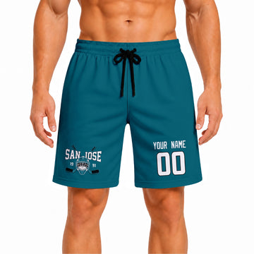 Teal San Jose-inspired hockey athletic shorts front view worn by male model, showcasing custom name, number, and team graphic