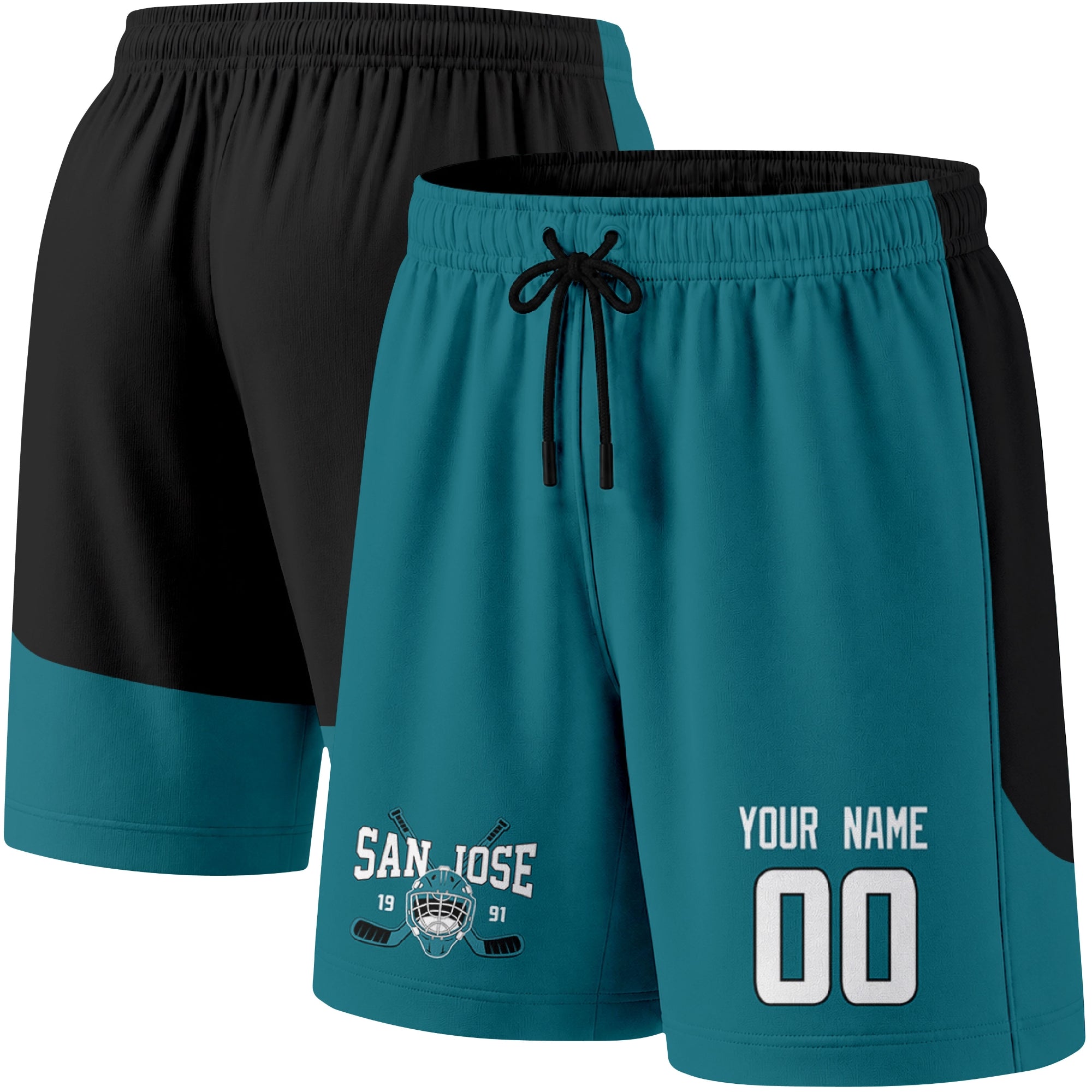 Teal color variation hockey athletic shorts shown from front and back angle with elastic waistband and drawstring detail