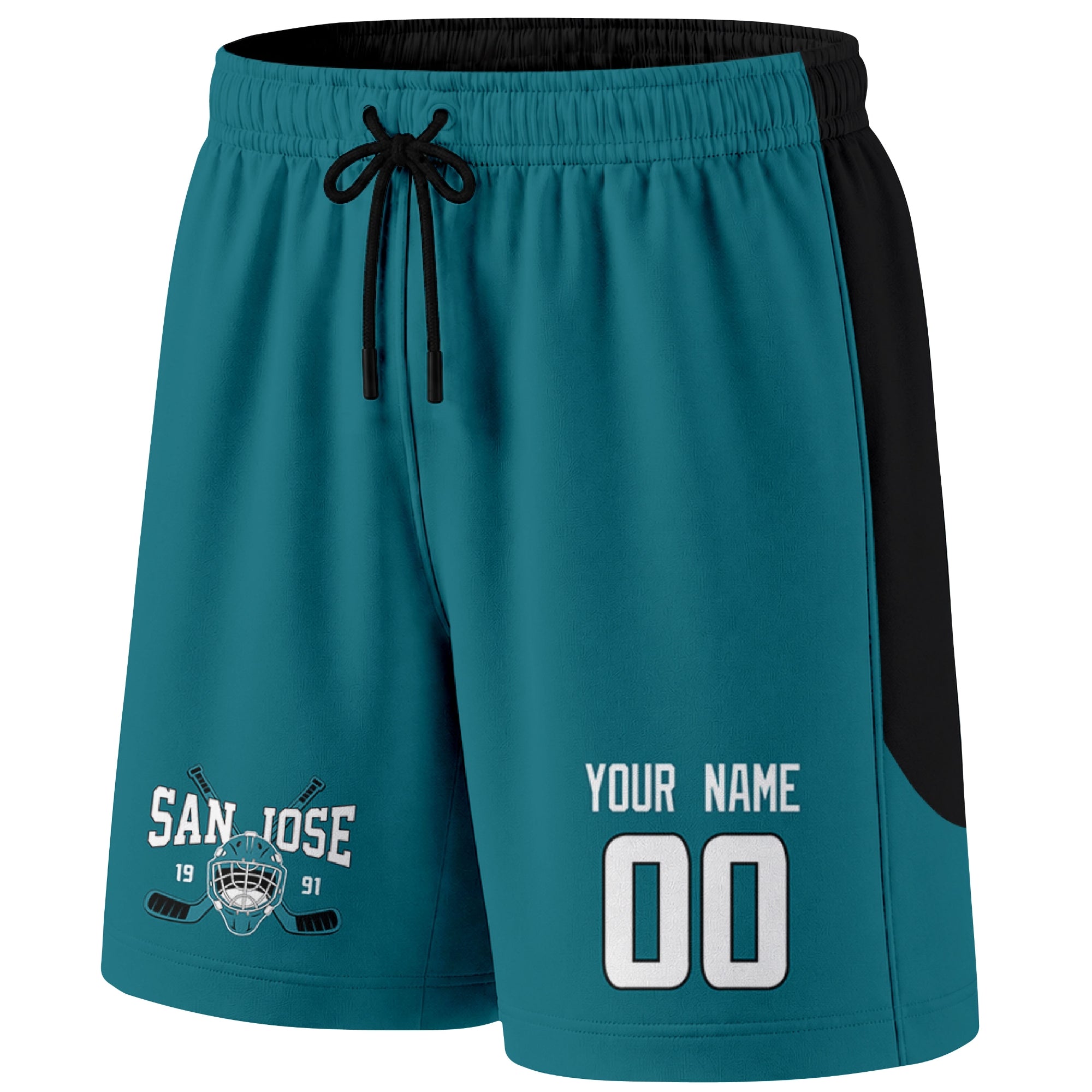 Teal San Jose-inspired hockey shorts front view with custom name and number print and hockey logo graphic
