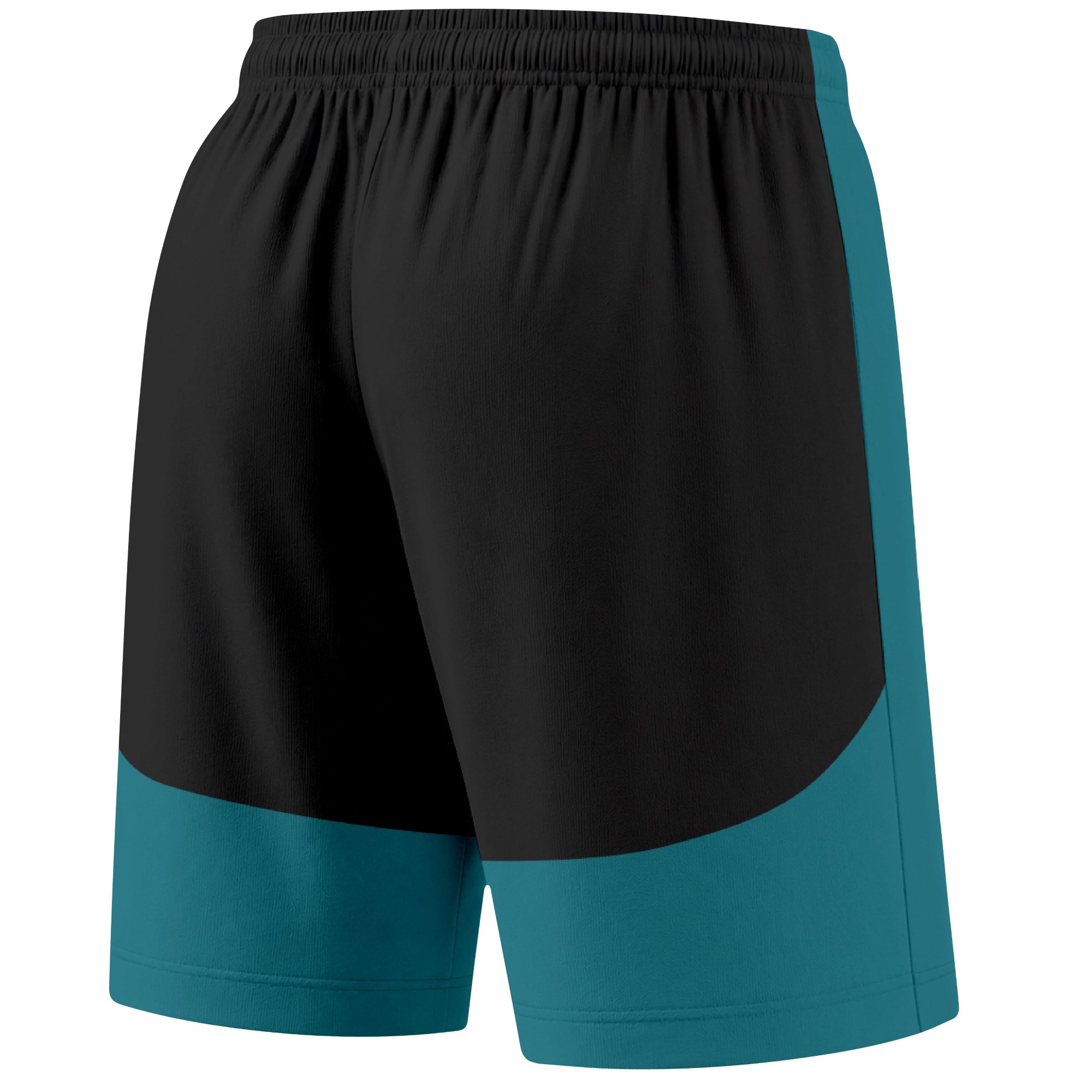 Teal color block hockey athletic shorts back and angled view highlighting breathable fabric and athletic fit design