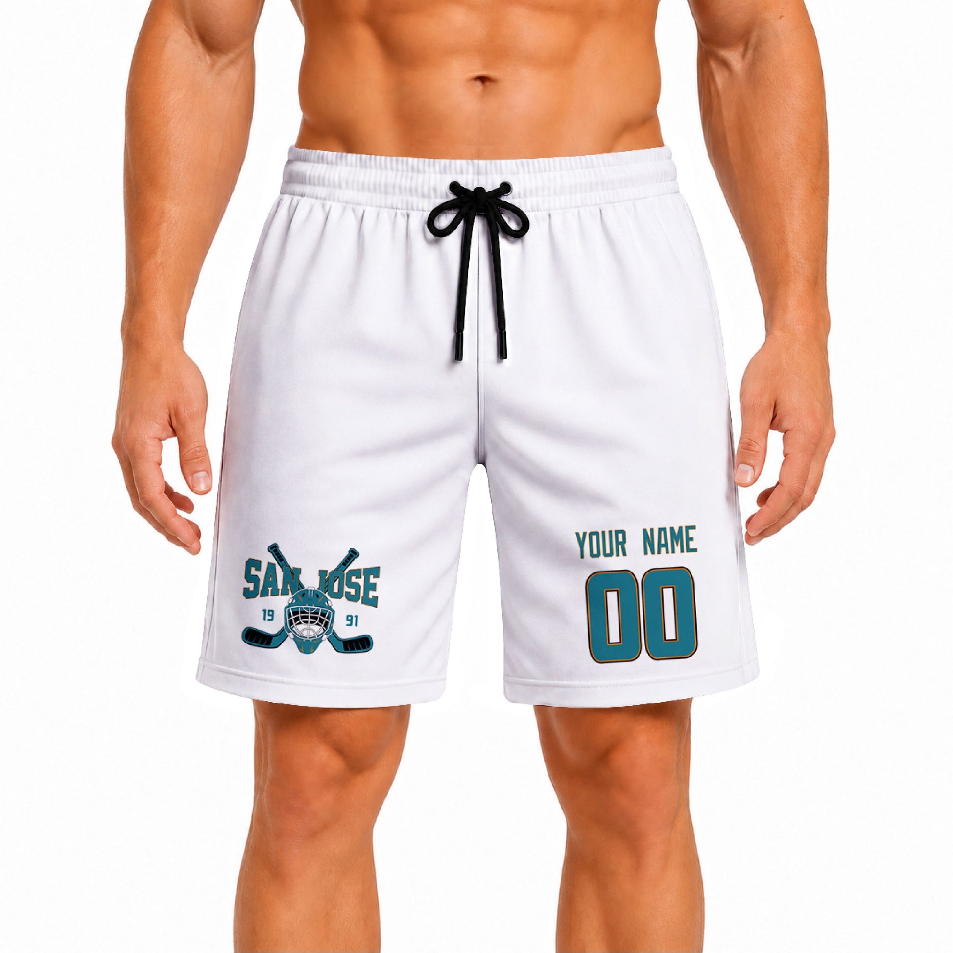White San Jose-inspired hockey athletic shorts front view worn by male model, showcasing custom name, number, and team graphic