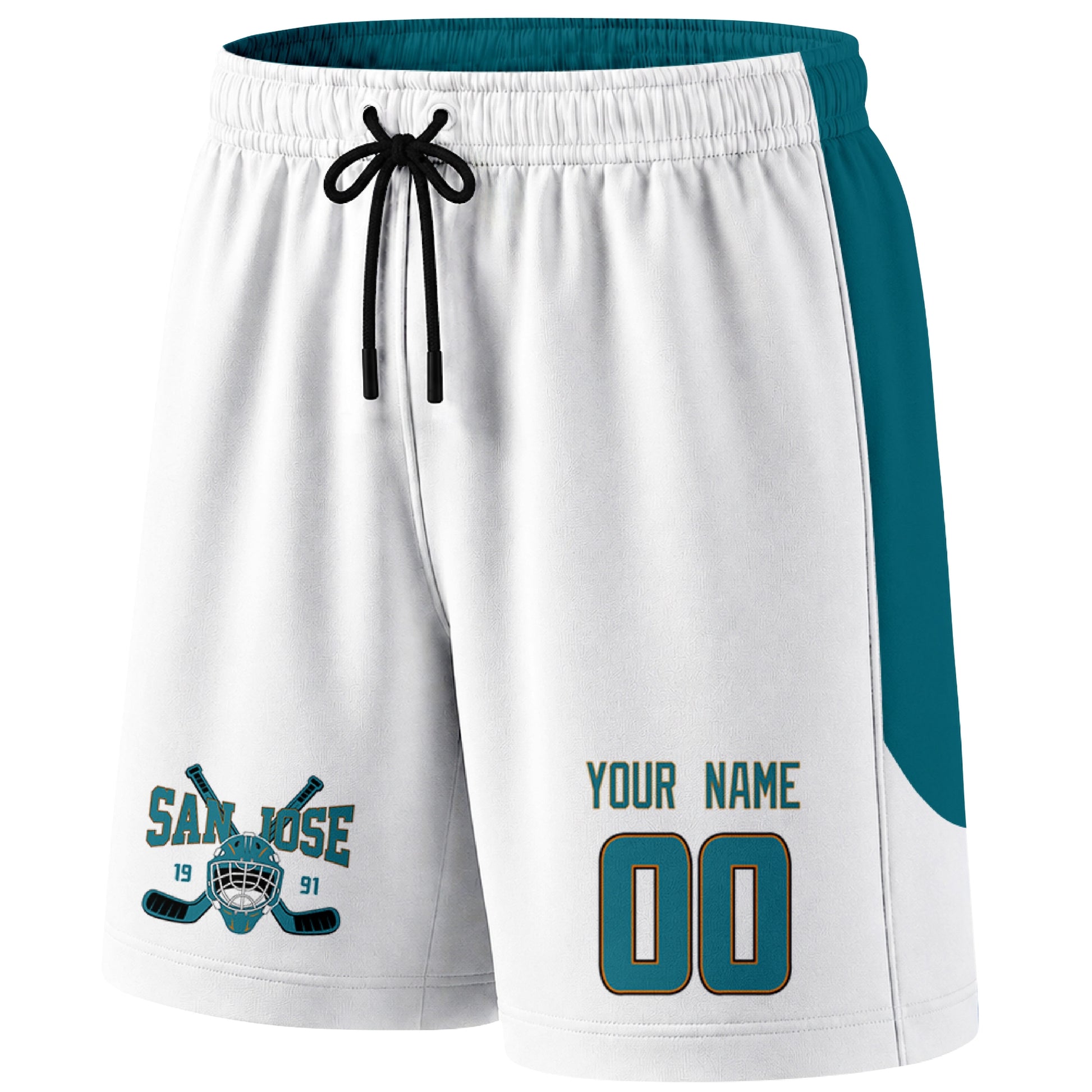 White San Jose-inspired hockey shorts front view with custom name and number print and hockey logo graphic