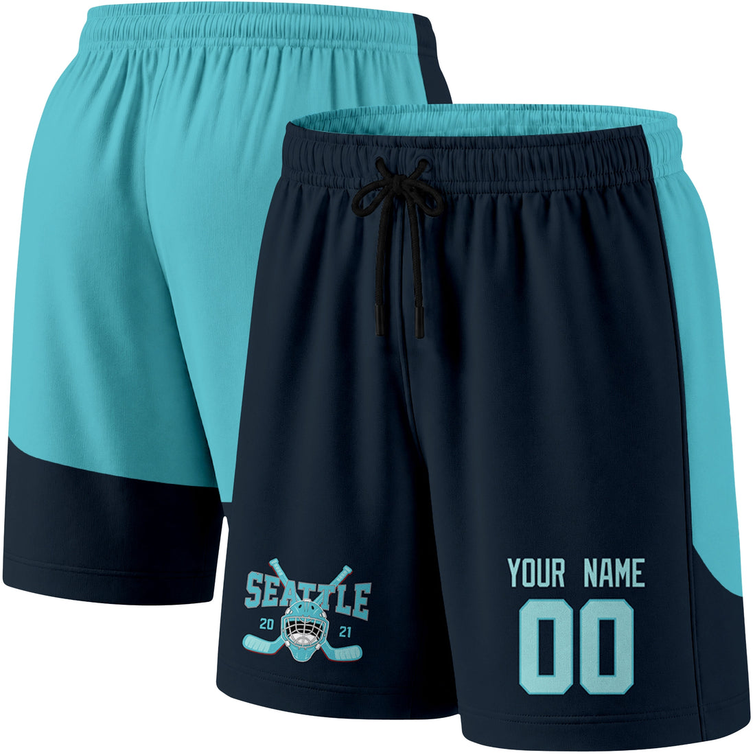 Blue Seattle-inspired hockey athletic shorts front view worn by male model, showcasing custom name, number, and team graphic