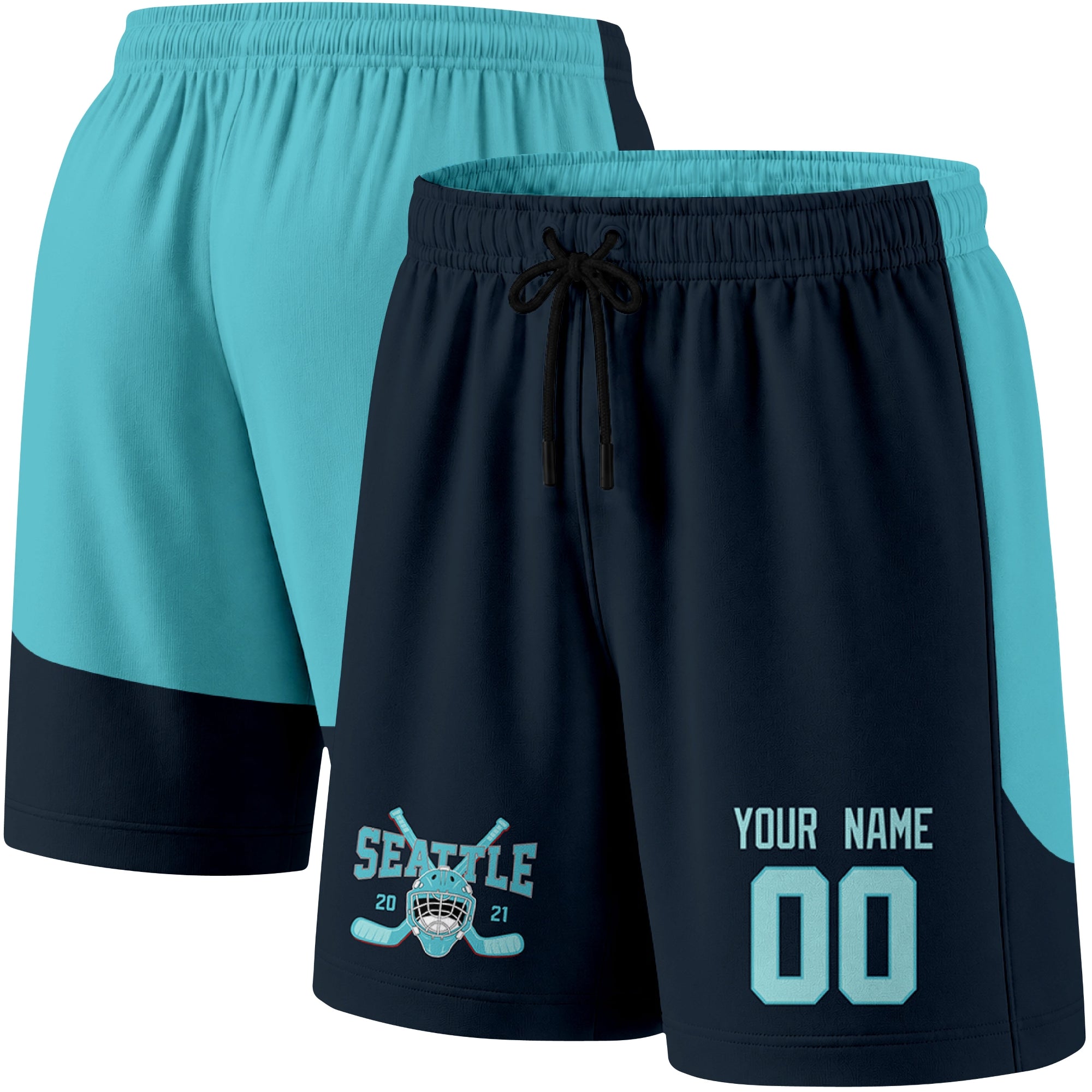 Blue color variation hockey athletic shorts shown from front and back angle with elastic waistband and drawstring detail