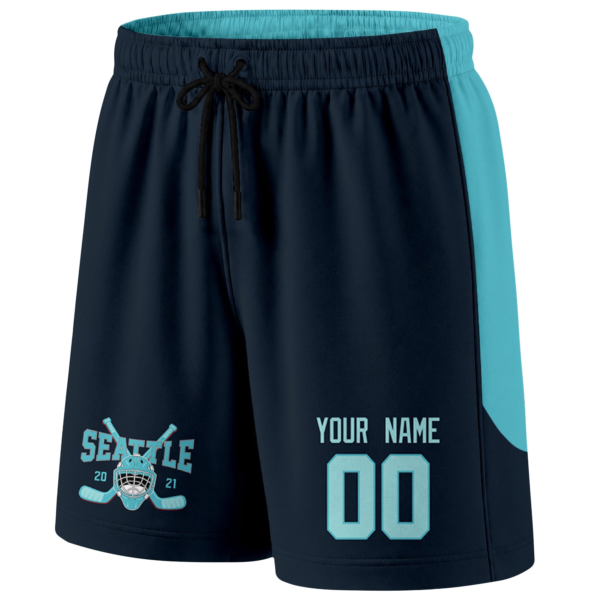 Blue Seattle-inspired hockey shorts front view with custom name and number print and hockey logo graphic