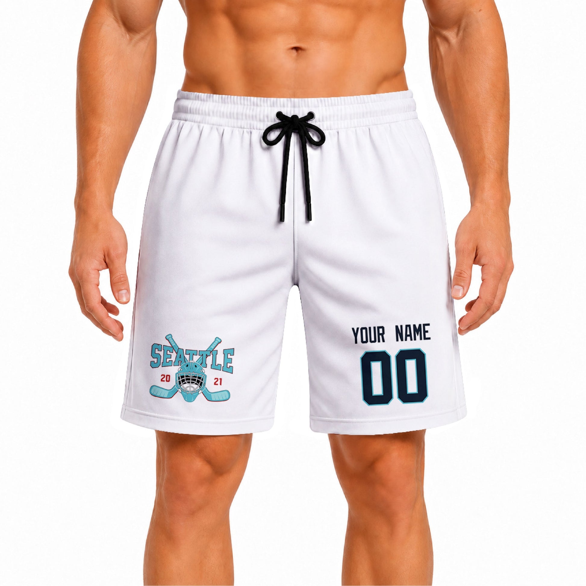 White Seattle-inspired hockey athletic shorts front view worn by male model, showcasing custom name, number, and team graphic